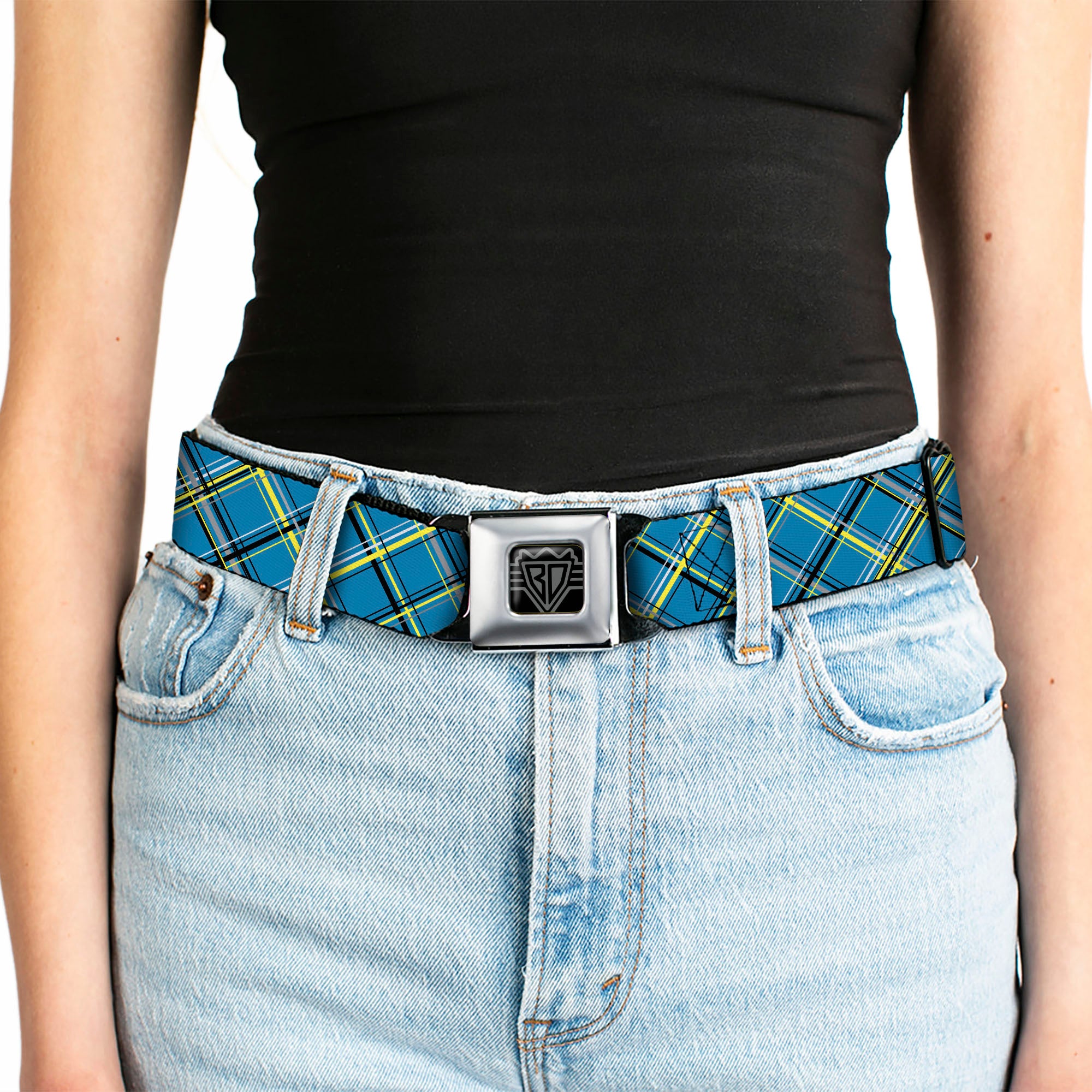 BD Wings Logo CLOSE-UP Full Color Black Silver Seatbelt Belt - Plaid Turquoise/Yellow/Black/Gray Webbing Seatbelt Belts Buckle-Down