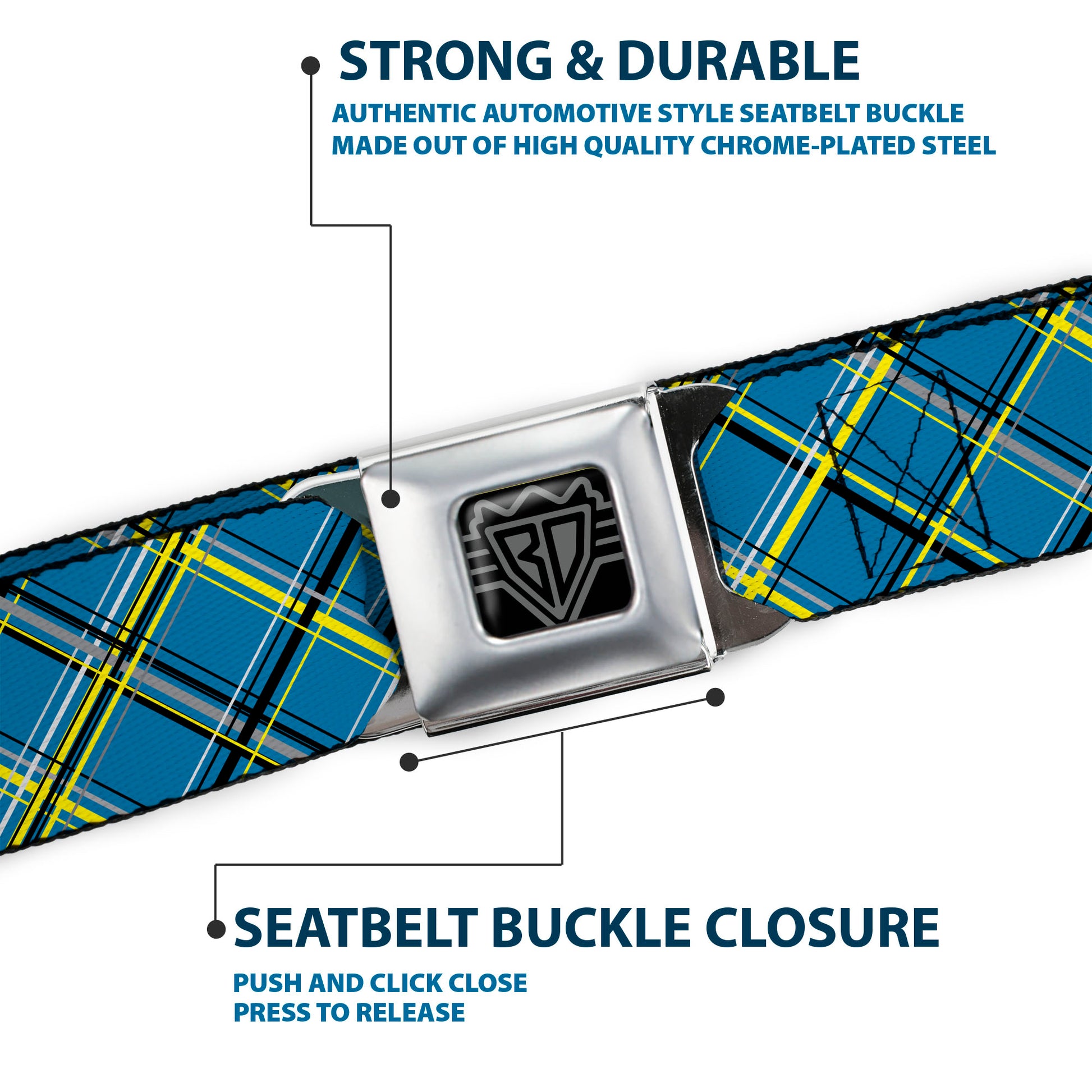 BD Wings Logo CLOSE-UP Full Color Black Silver Seatbelt Belt - Plaid Turquoise/Yellow/Black/Gray Webbing Seatbelt Belts Buckle-Down