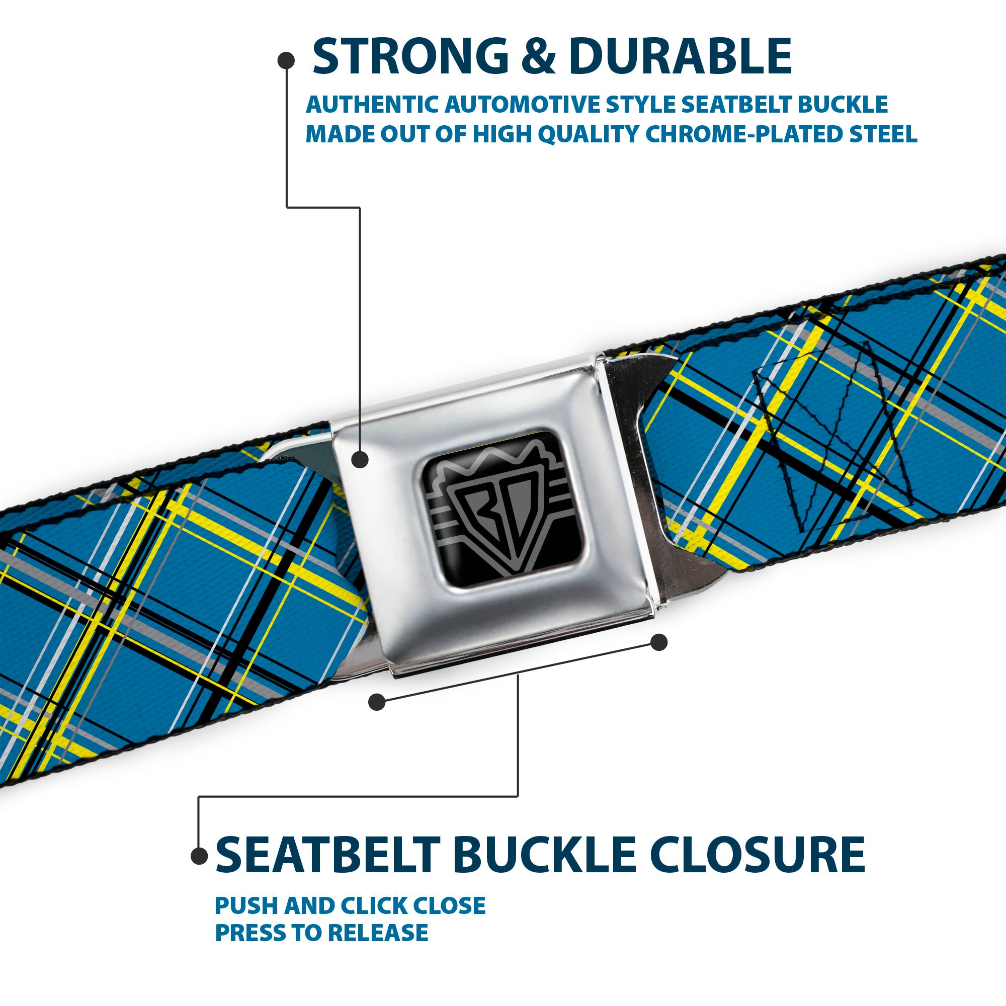 BD Wings Logo CLOSE-UP Full Color Black Silver Seatbelt Belt - Plaid Turquoise/Yellow/Black/Gray Webbing Seatbelt Belts Buckle-Down