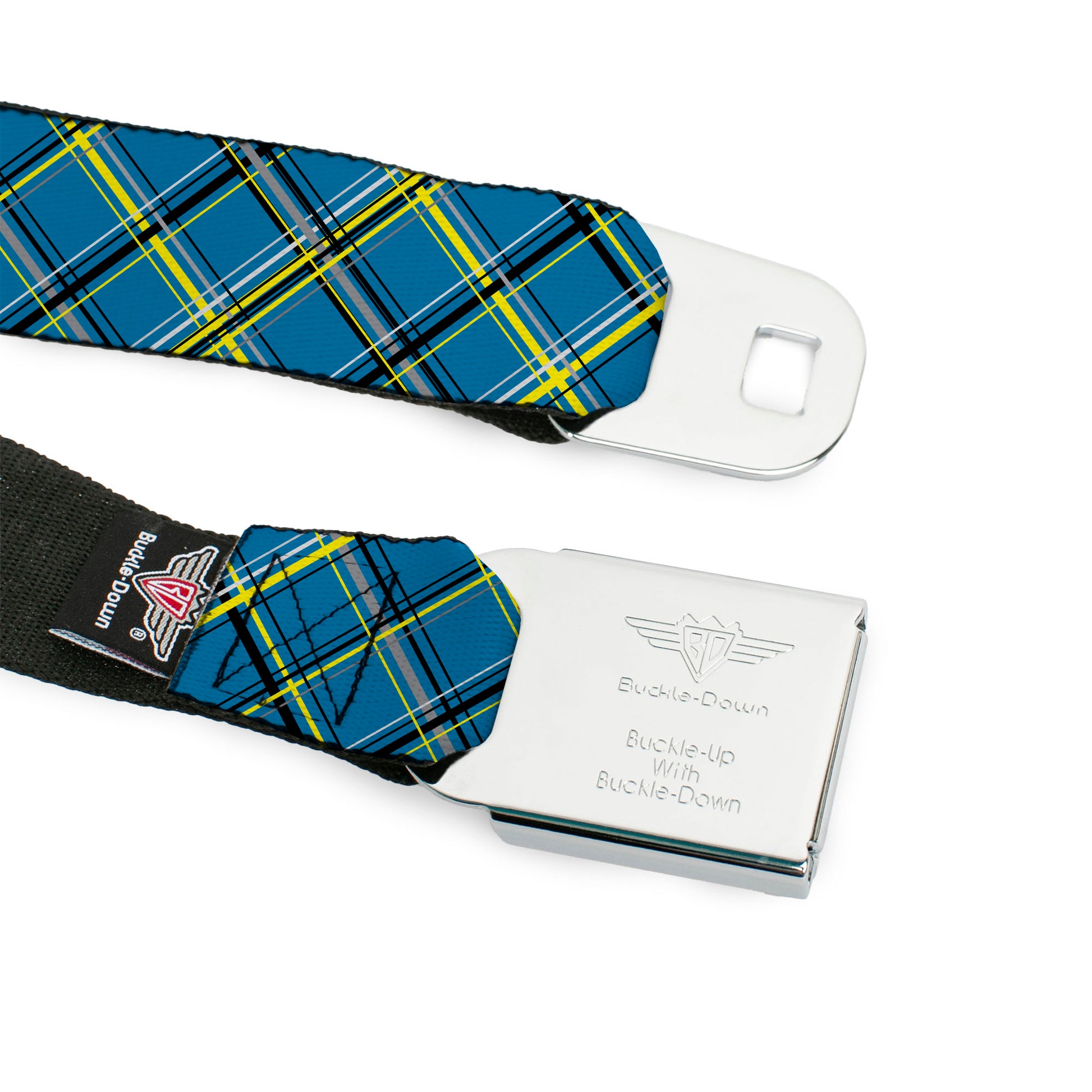 BD Wings Logo CLOSE-UP Full Color Black Silver Seatbelt Belt - Plaid Turquoise/Yellow/Black/Gray Webbing Seatbelt Belts Buckle-Down