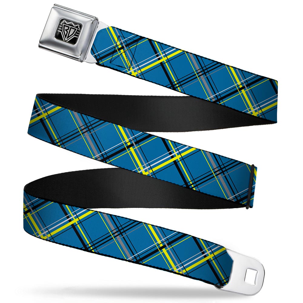 BD Wings Logo CLOSE-UP Full Color Black Silver Seatbelt Belt - Plaid Turquoise/Yellow/Black/Gray Webbing Seatbelt Belts Buckle-Down