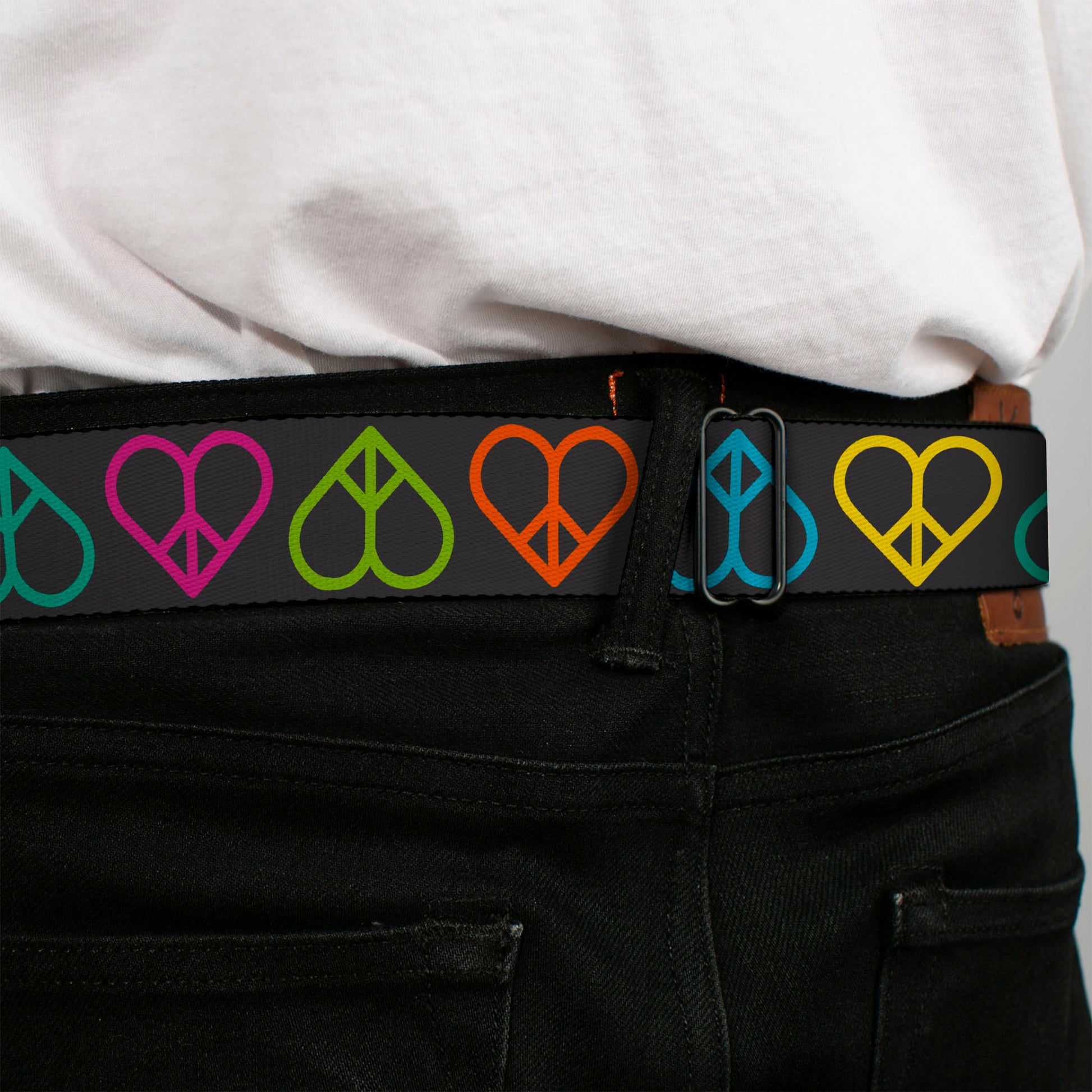 BD Wings Logo CLOSE-UP Full Color Black Silver Seatbelt Belt - Peace Hearts Repeat Black/Neon Webbing Seatbelt Belts Buckle-Down