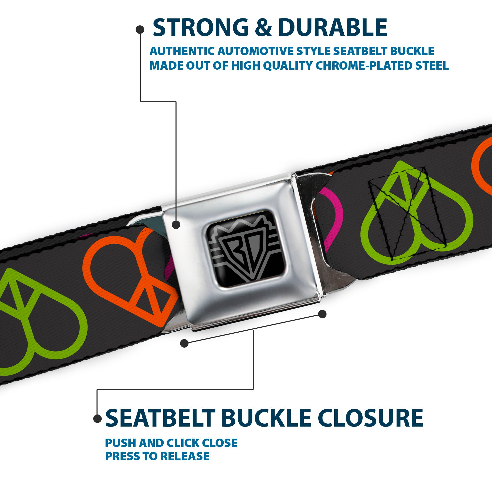 BD Wings Logo CLOSE-UP Full Color Black Silver Seatbelt Belt - Peace Hearts Repeat Black/Neon Webbing Seatbelt Belts Buckle-Down