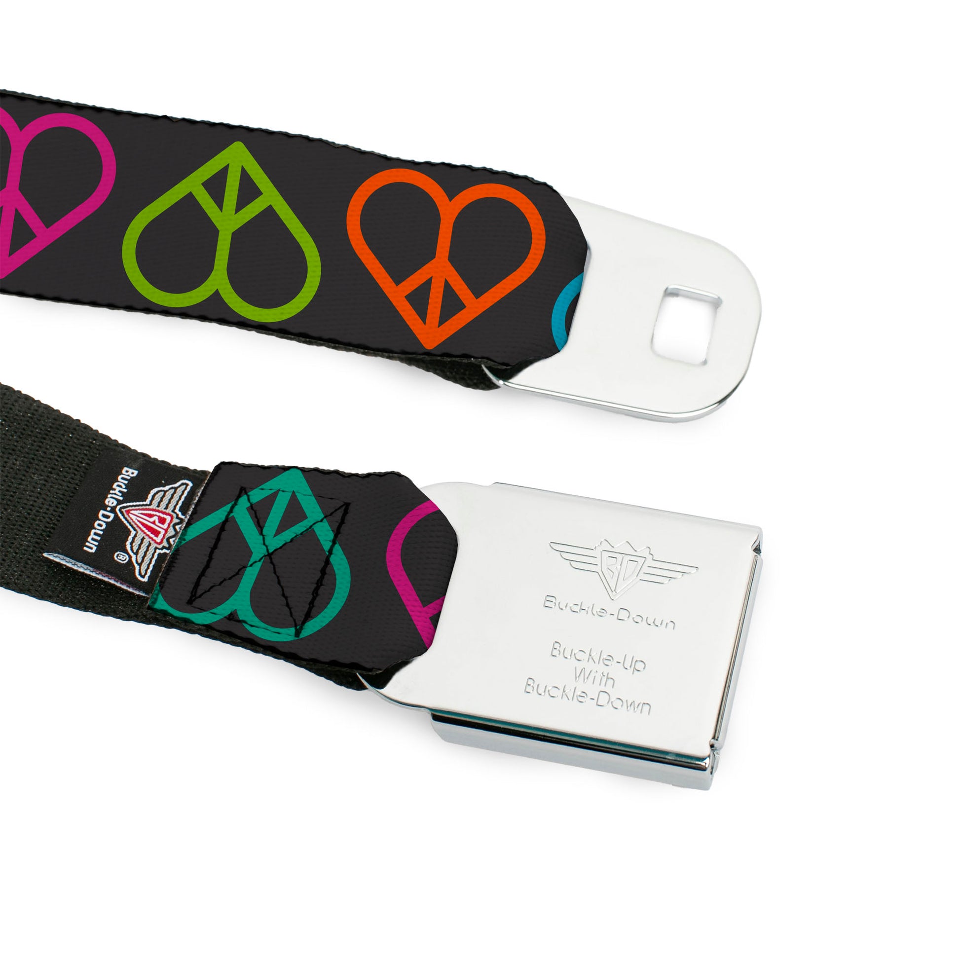 BD Wings Logo CLOSE-UP Full Color Black Silver Seatbelt Belt - Peace Hearts Repeat Black/Neon Webbing Seatbelt Belts Buckle-Down