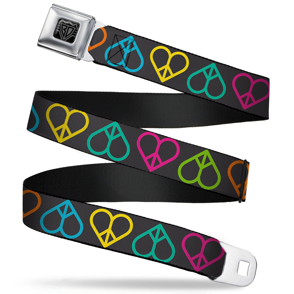 BD Wings Logo CLOSE-UP Full Color Black Silver Seatbelt Belt - Peace Hearts Repeat Black/Neon Webbing Seatbelt Belts Buckle-Down