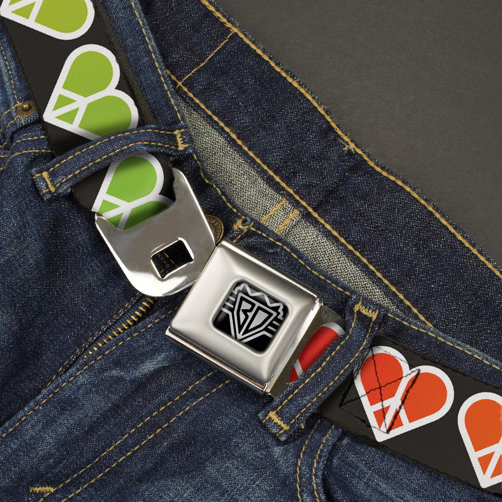 BD Wings Logo CLOSE-UP Full Color Black Silver Seatbelt Belt - Peace Hearts Repeat Fill Black/Rainbow Webbing Seatbelt Belts Buckle-Down