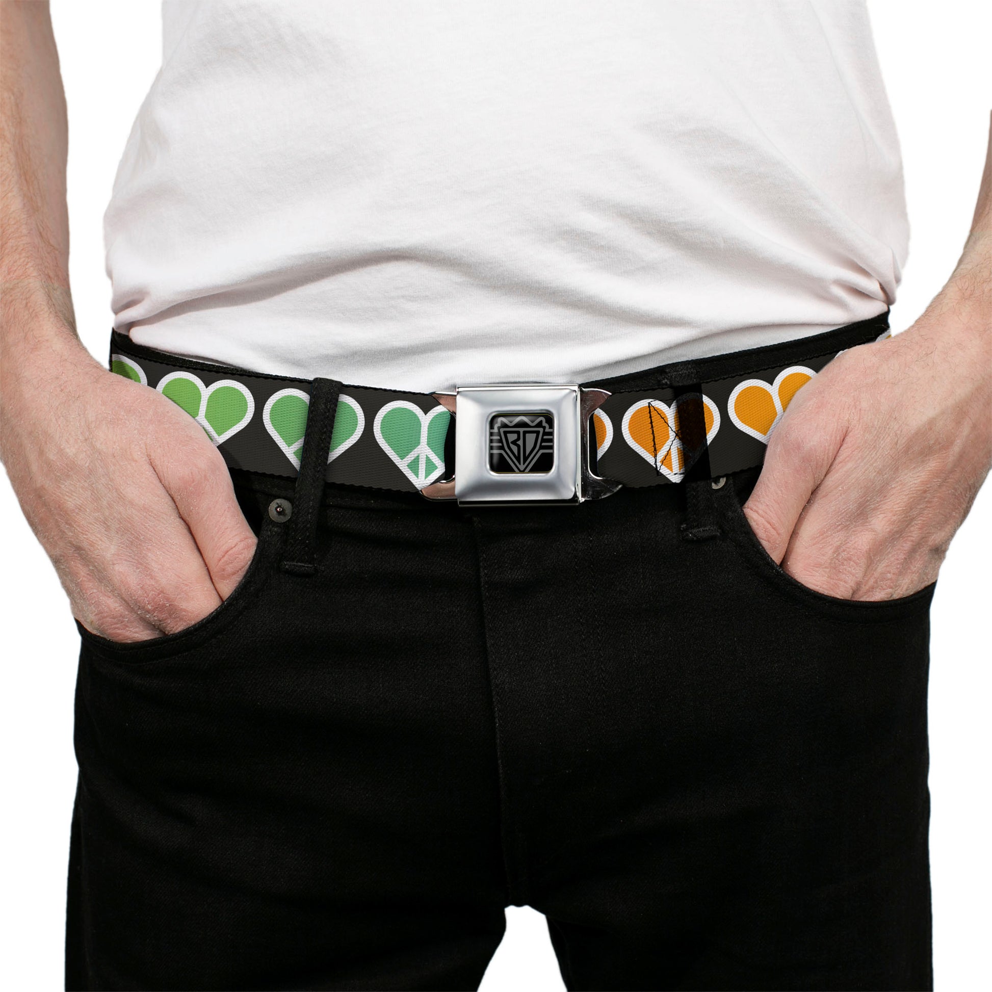 BD Wings Logo CLOSE-UP Full Color Black Silver Seatbelt Belt - Peace Hearts Repeat Fill Black/Rainbow Webbing Seatbelt Belts Buckle-Down