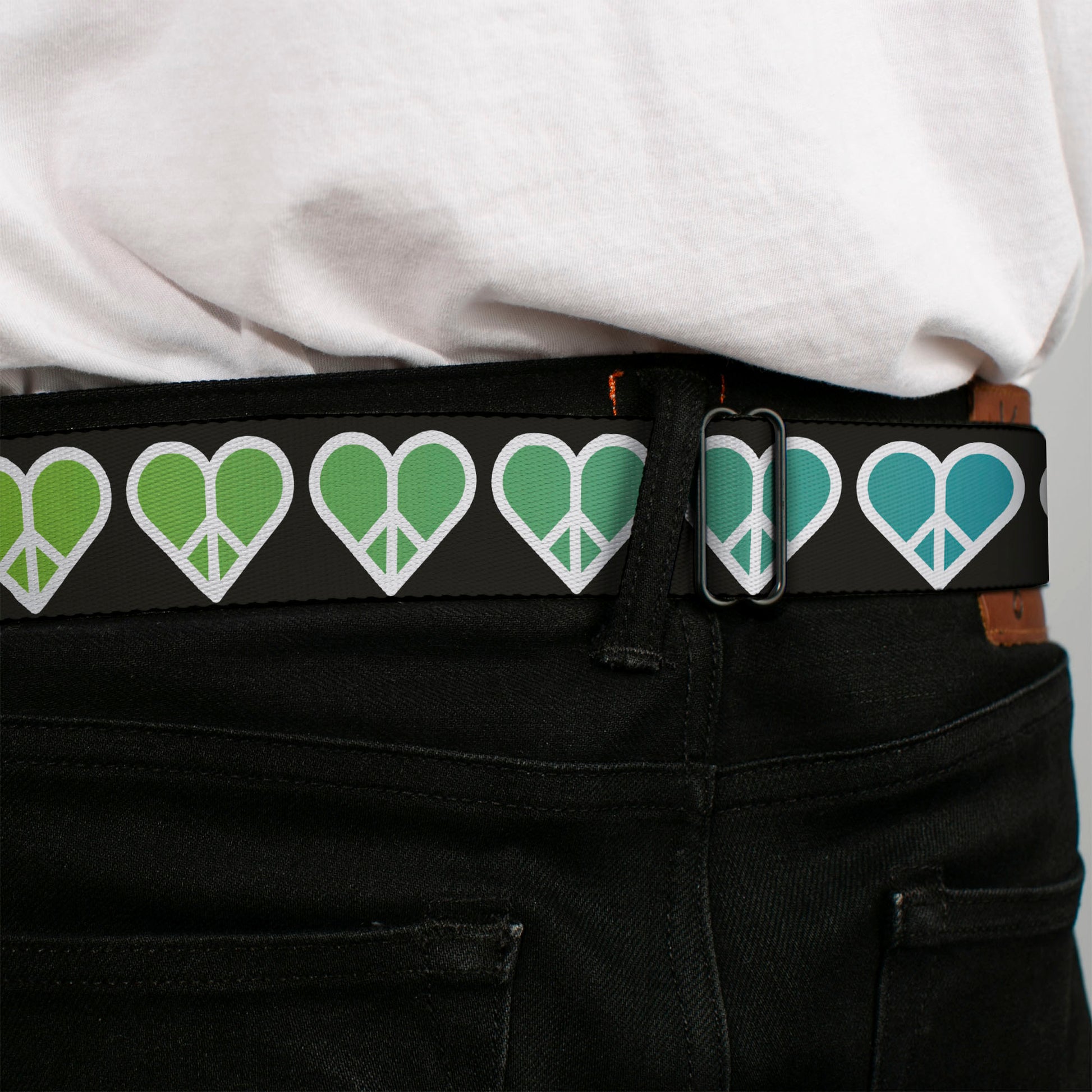 BD Wings Logo CLOSE-UP Full Color Black Silver Seatbelt Belt - Peace Hearts Repeat Fill Black/Rainbow Webbing Seatbelt Belts Buckle-Down