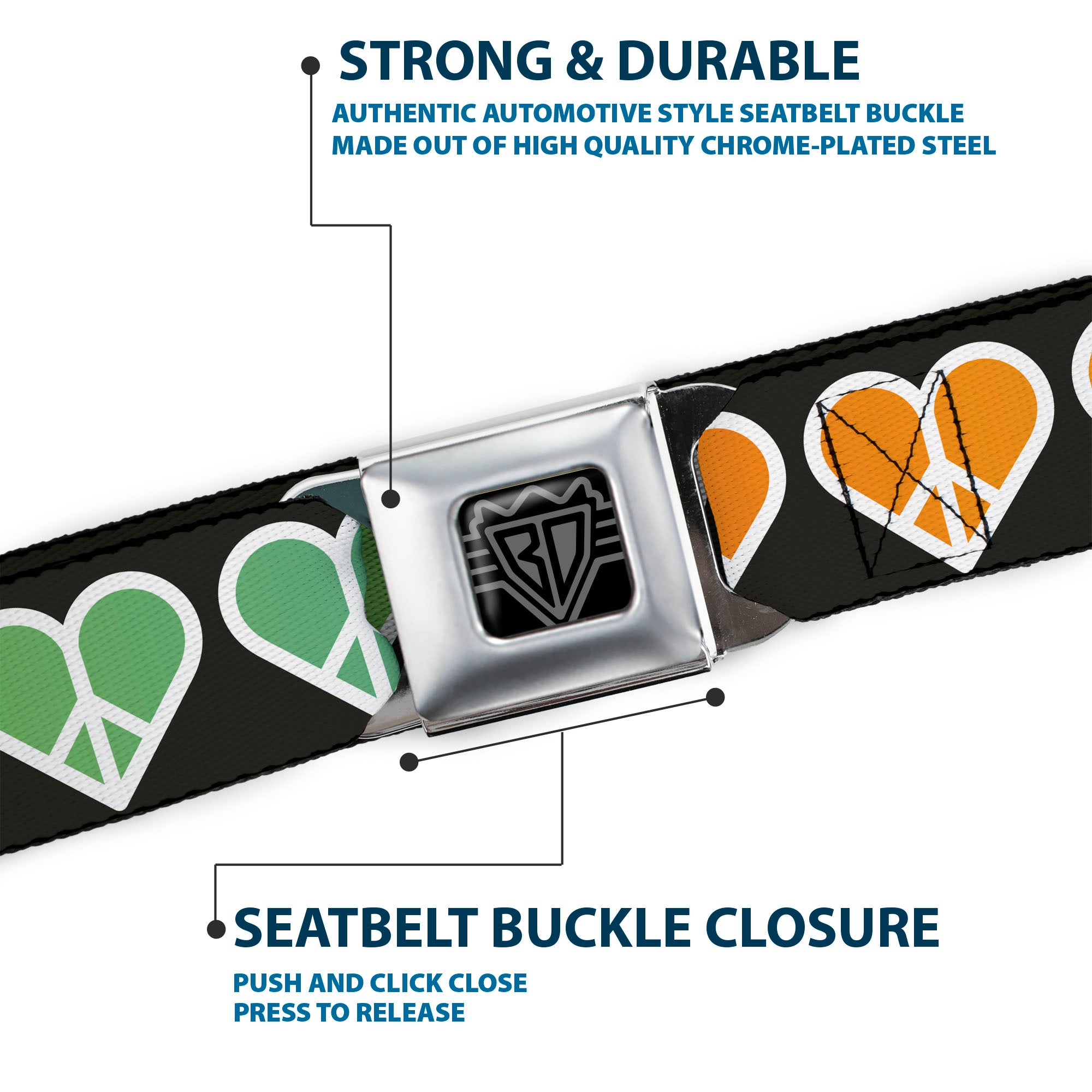 BD Wings Logo CLOSE-UP Full Color Black Silver Seatbelt Belt - Peace Hearts Repeat Fill Black/Rainbow Webbing Seatbelt Belts Buckle-Down