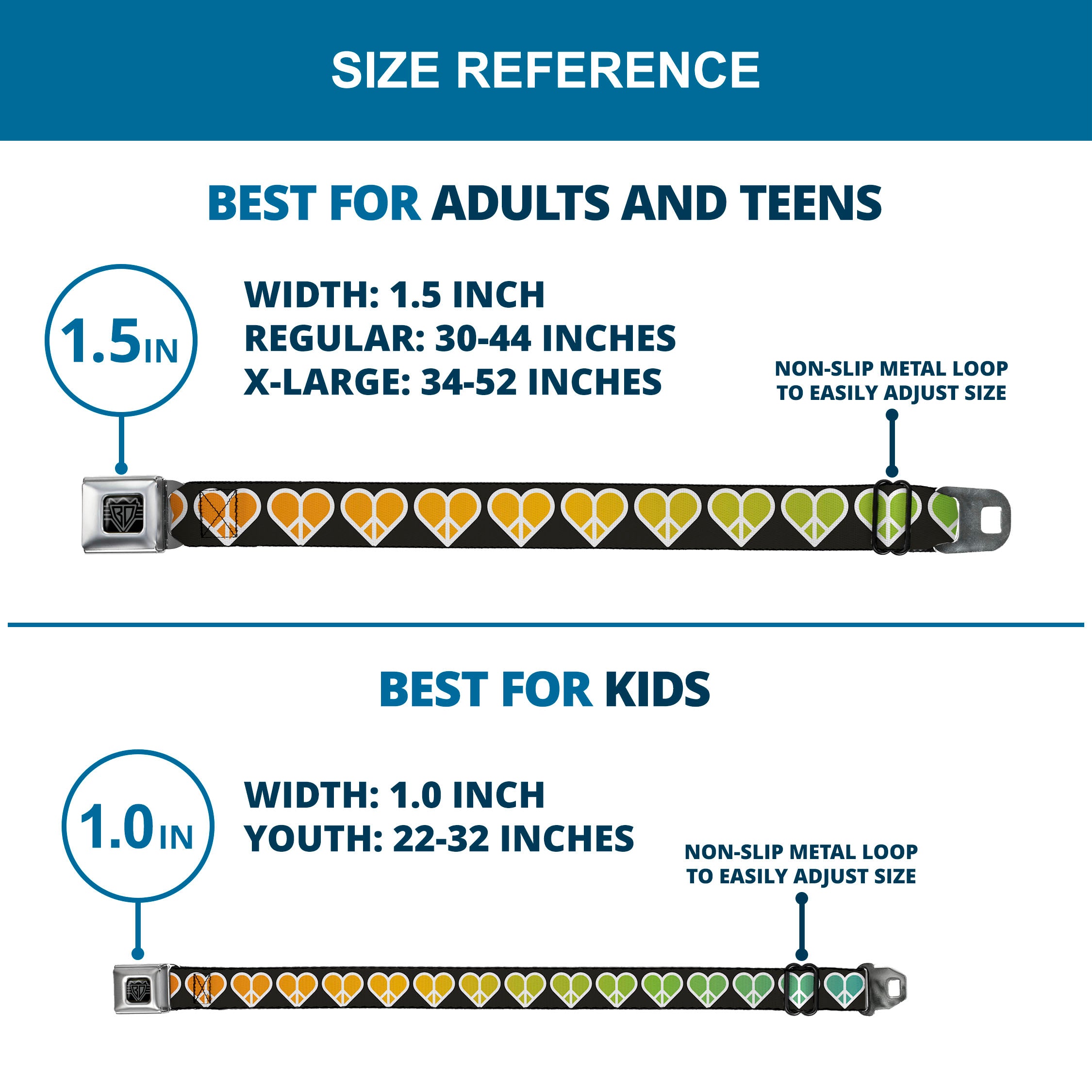 BD Wings Logo CLOSE-UP Full Color Black Silver Seatbelt Belt - Peace Hearts Repeat Fill Black/Rainbow Webbing Seatbelt Belts Buckle-Down