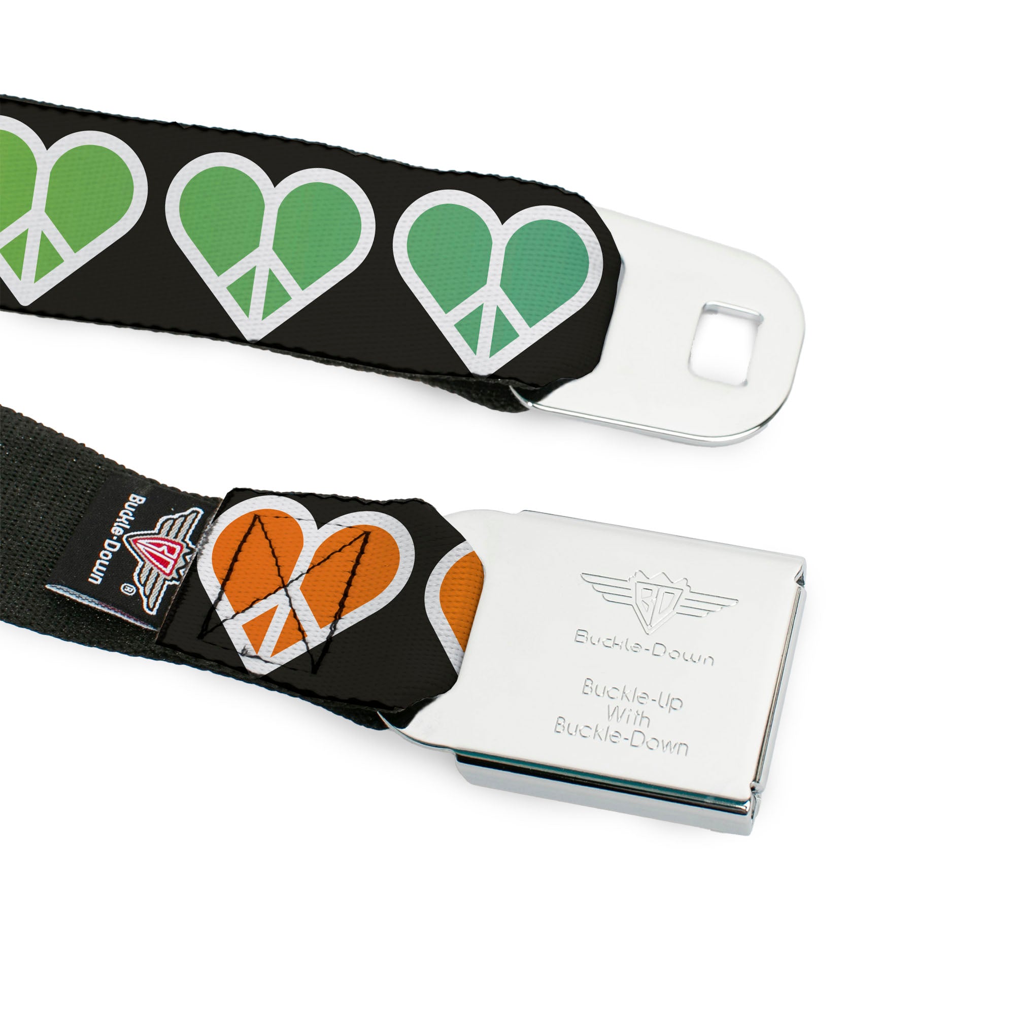 BD Wings Logo CLOSE-UP Full Color Black Silver Seatbelt Belt - Peace Hearts Repeat Fill Black/Rainbow Webbing Seatbelt Belts Buckle-Down