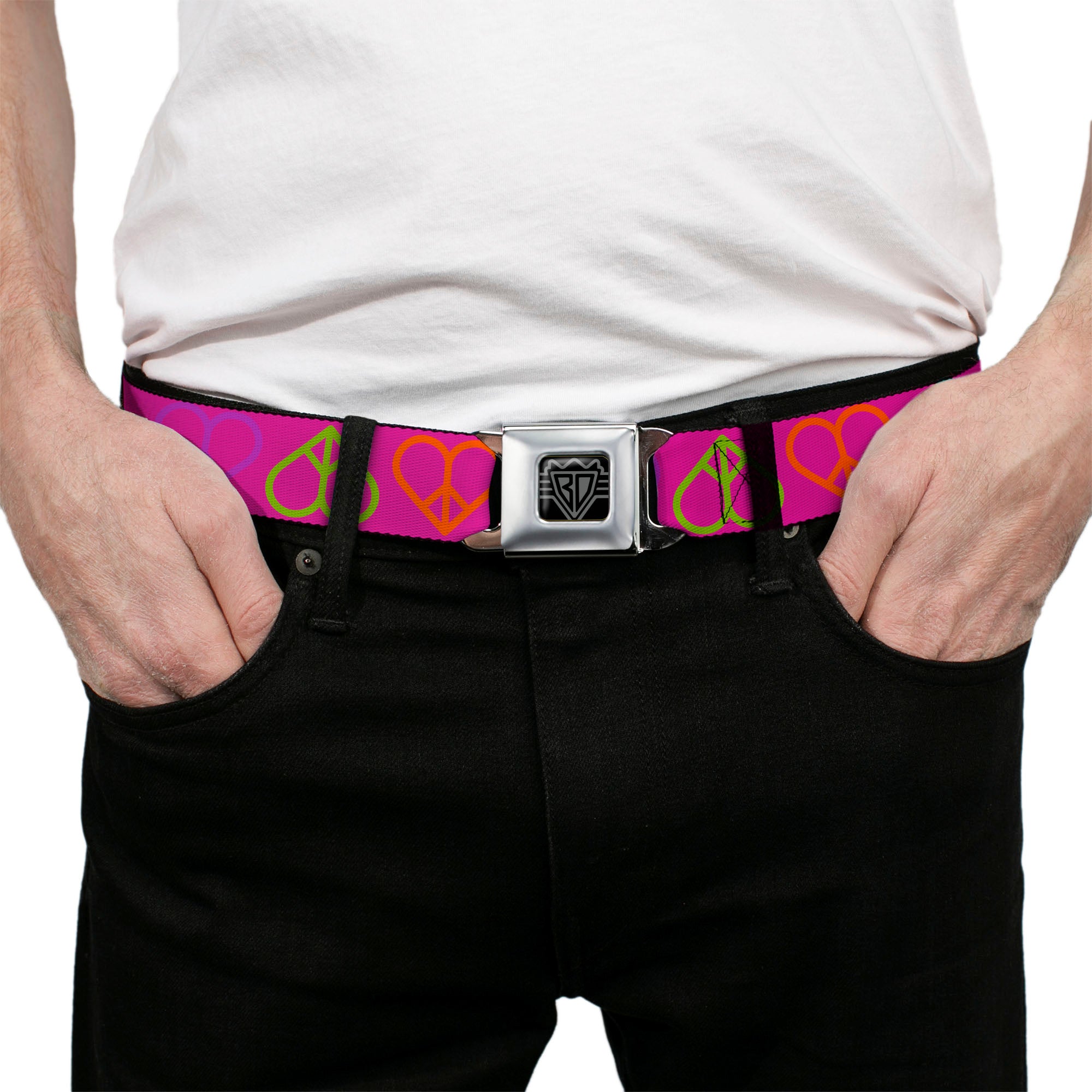 BD Wings Logo CLOSE-UP Full Color Black Silver Seatbelt Belt - Peace Hearts Repeat Fuchsia/Neon Webbing Seatbelt Belts Buckle-Down