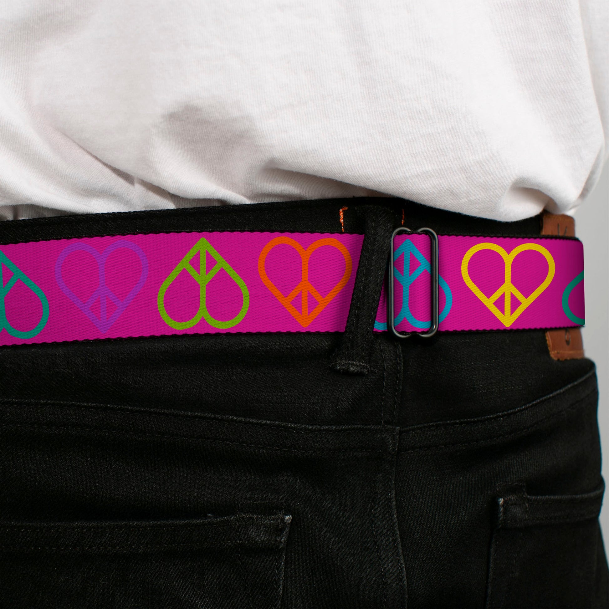 BD Wings Logo CLOSE-UP Full Color Black Silver Seatbelt Belt - Peace Hearts Repeat Fuchsia/Neon Webbing Seatbelt Belts Buckle-Down