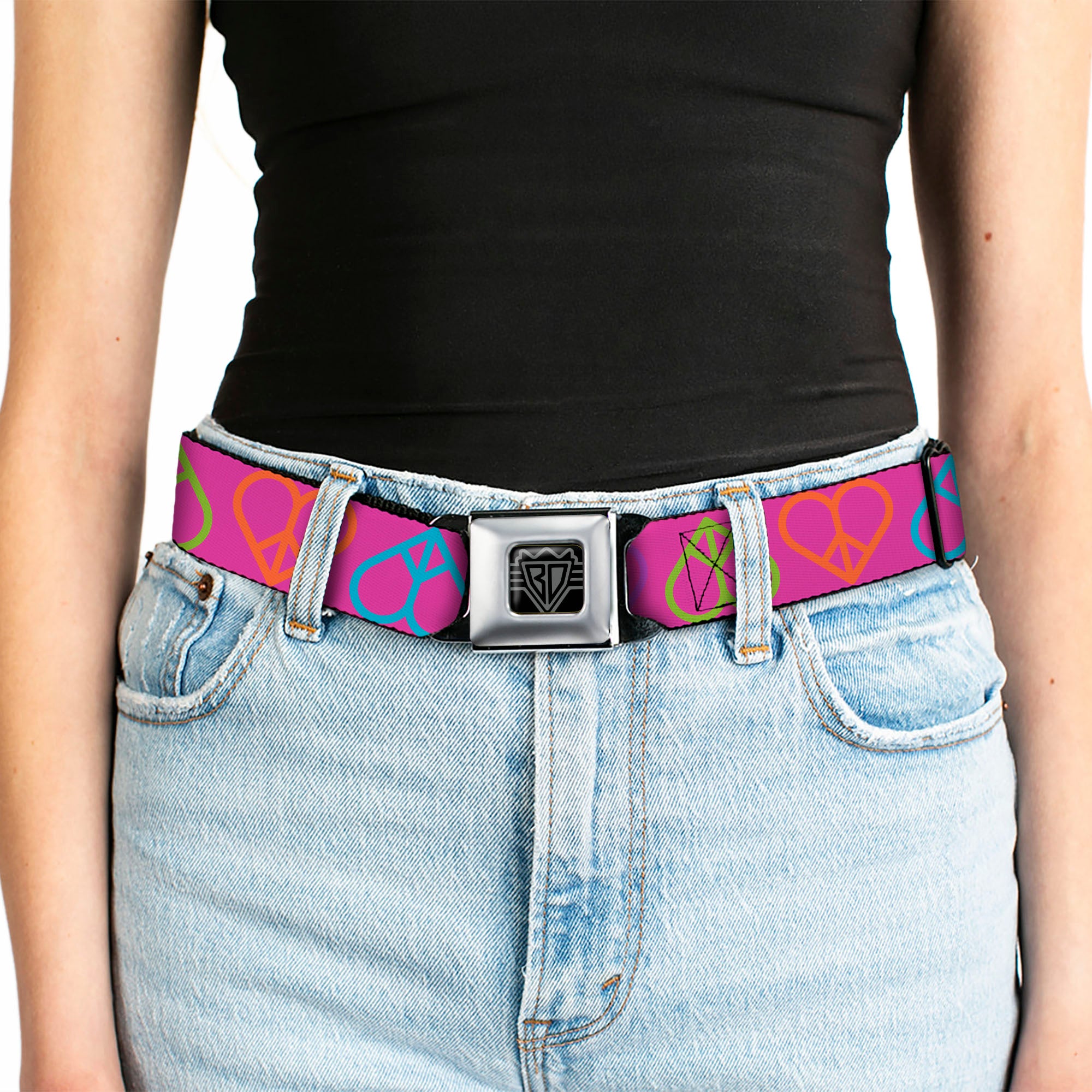 BD Wings Logo CLOSE-UP Full Color Black Silver Seatbelt Belt - Peace Hearts Repeat Fuchsia/Neon Webbing Seatbelt Belts Buckle-Down