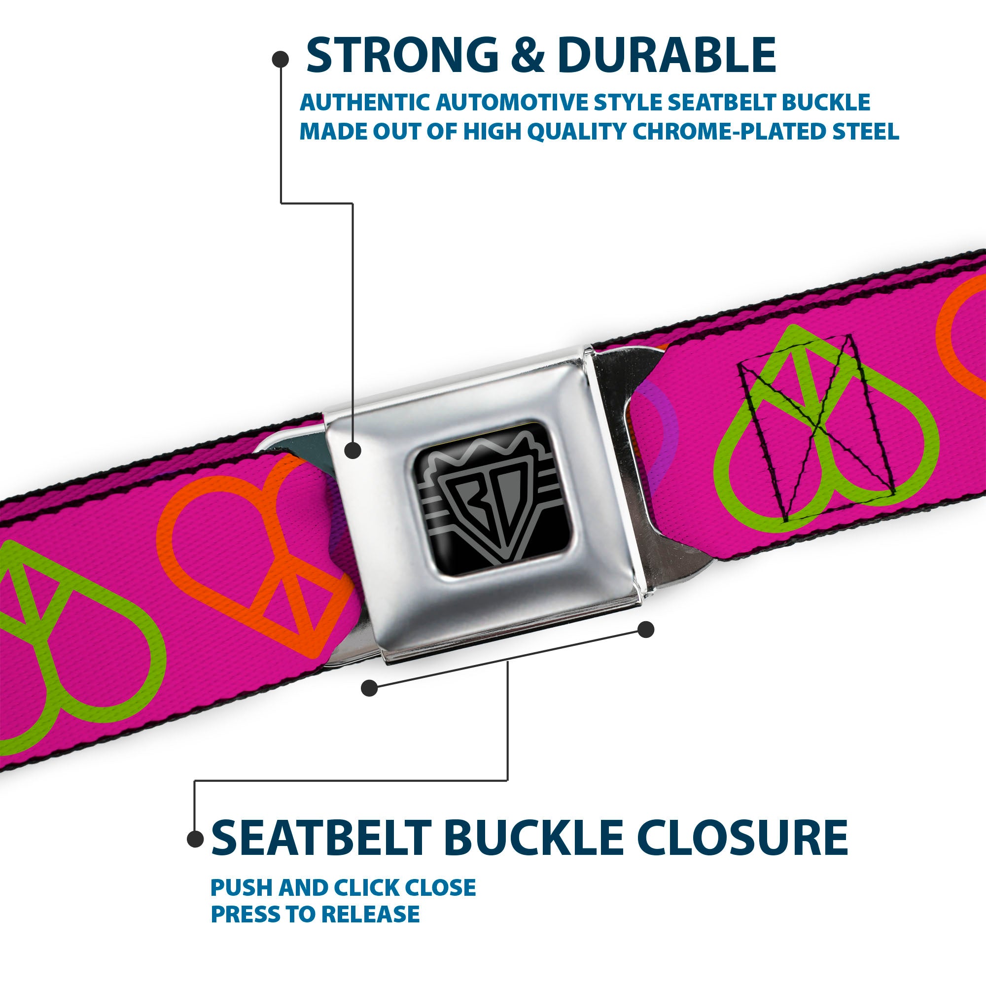 BD Wings Logo CLOSE-UP Full Color Black Silver Seatbelt Belt - Peace Hearts Repeat Fuchsia/Neon Webbing Seatbelt Belts Buckle-Down