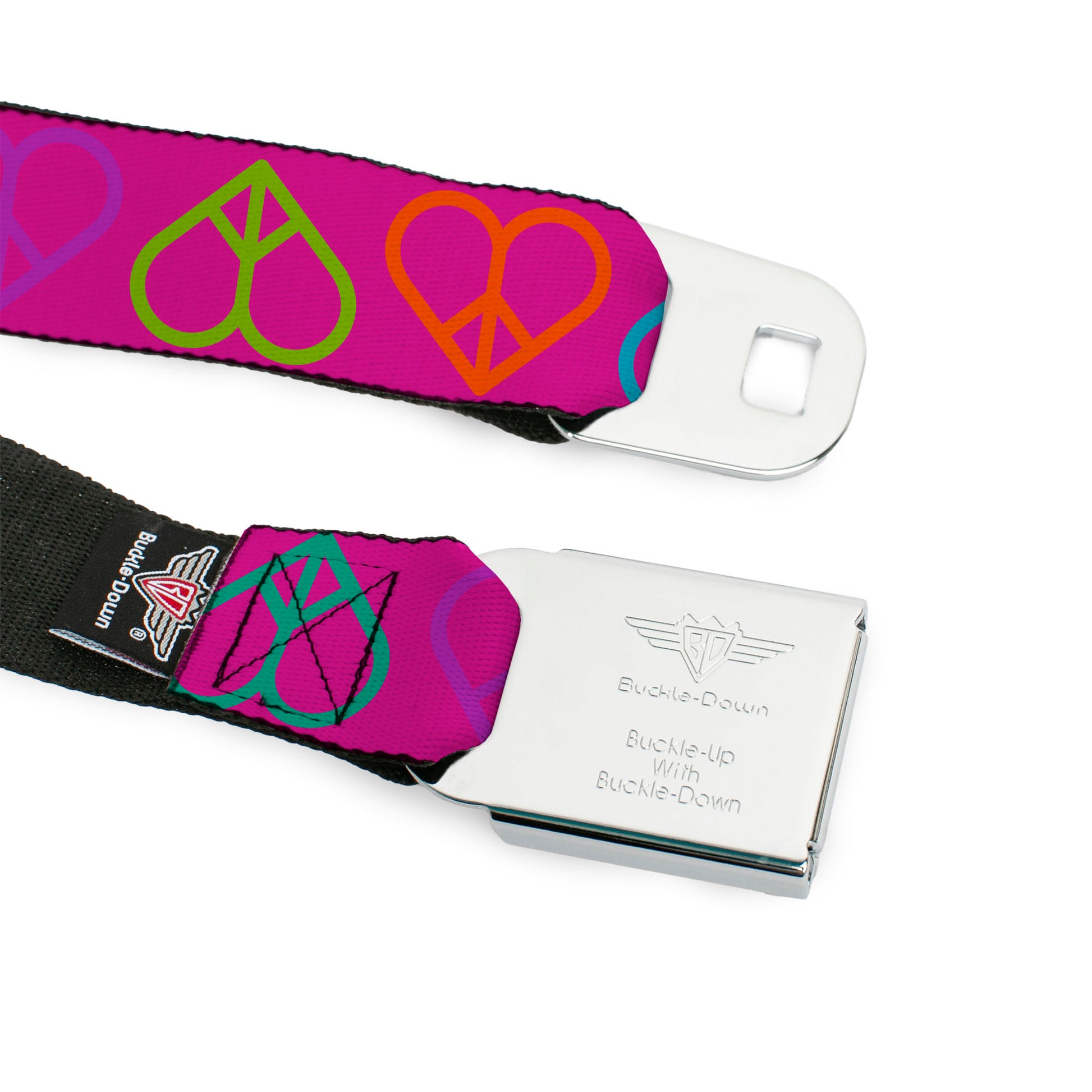 BD Wings Logo CLOSE-UP Full Color Black Silver Seatbelt Belt - Peace Hearts Repeat Fuchsia/Neon Webbing Seatbelt Belts Buckle-Down