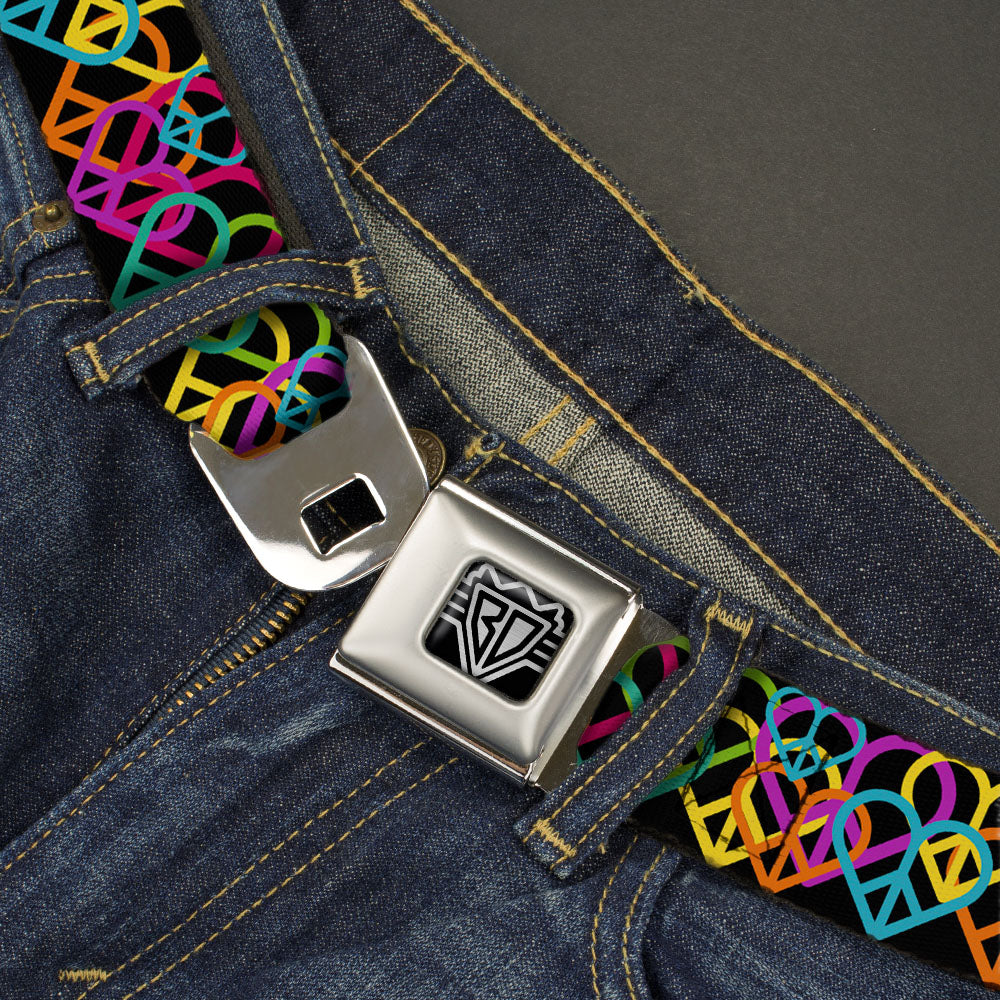 BD Wings Logo CLOSE-UP Full Color Black Silver Seatbelt Belt - Peace Hearts Stacked Black/Neon Webbing Seatbelt Belts Buckle-Down