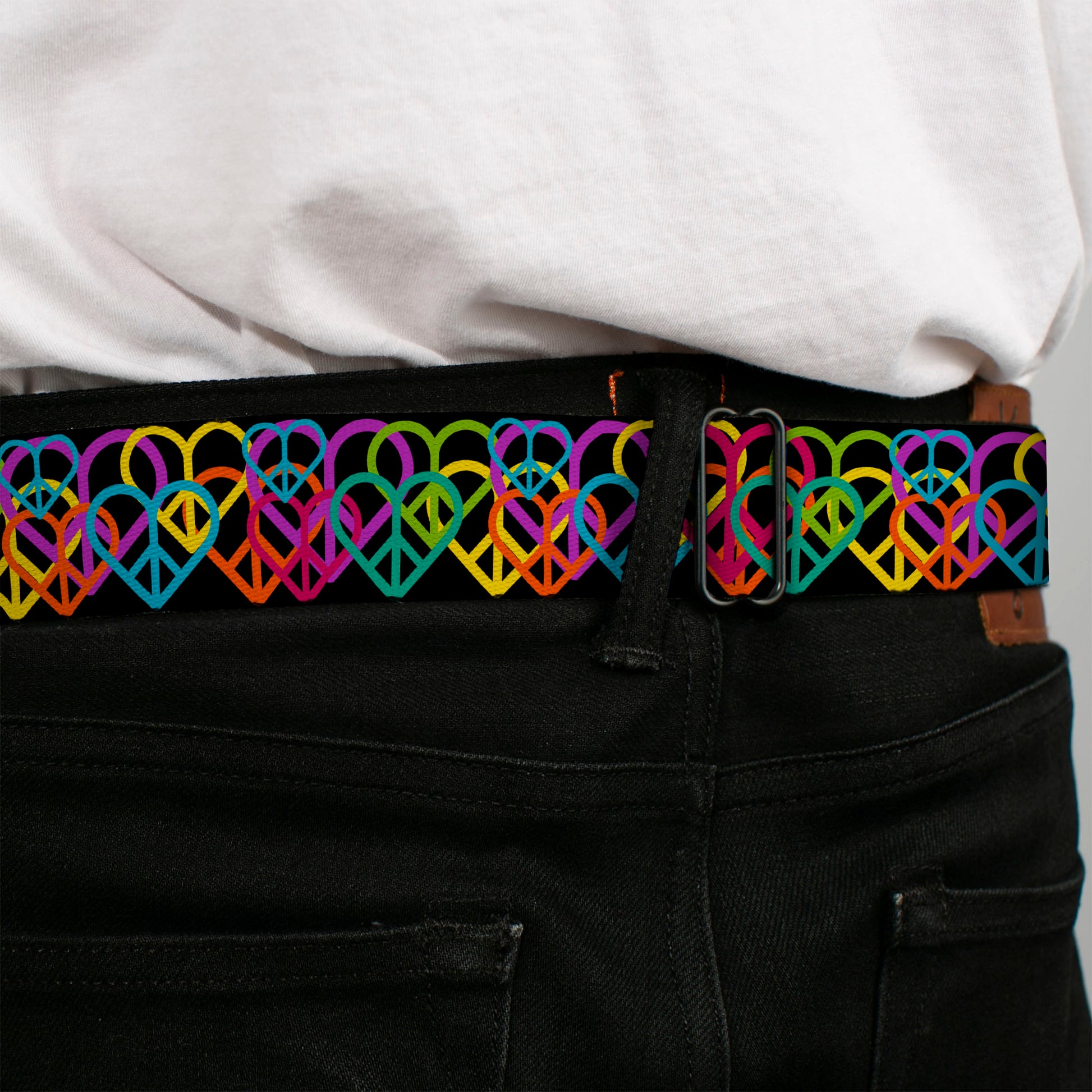 BD Wings Logo CLOSE-UP Full Color Black Silver Seatbelt Belt - Peace Hearts Stacked Black/Neon Webbing Seatbelt Belts Buckle-Down