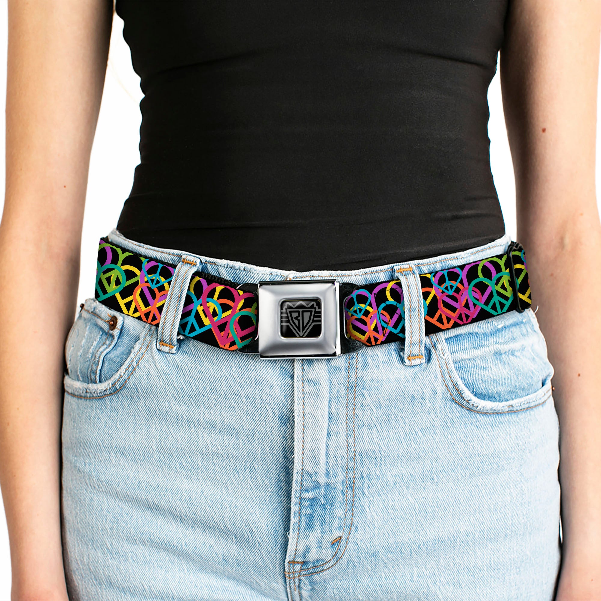 BD Wings Logo CLOSE-UP Full Color Black Silver Seatbelt Belt - Peace Hearts Stacked Black/Neon Webbing Seatbelt Belts Buckle-Down