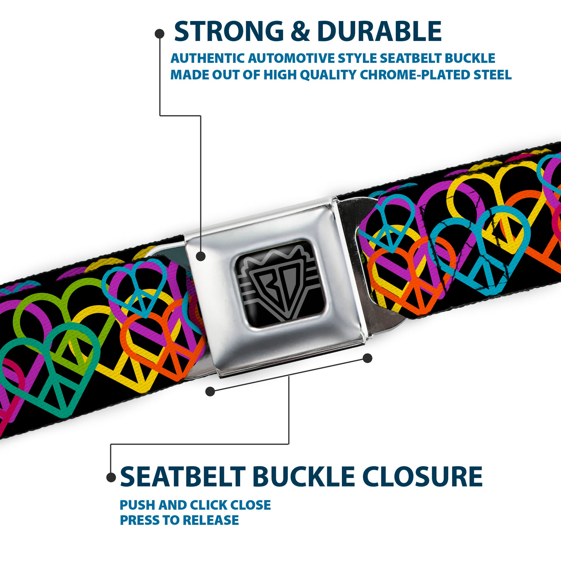 BD Wings Logo CLOSE-UP Full Color Black Silver Seatbelt Belt - Peace Hearts Stacked Black/Neon Webbing Seatbelt Belts Buckle-Down