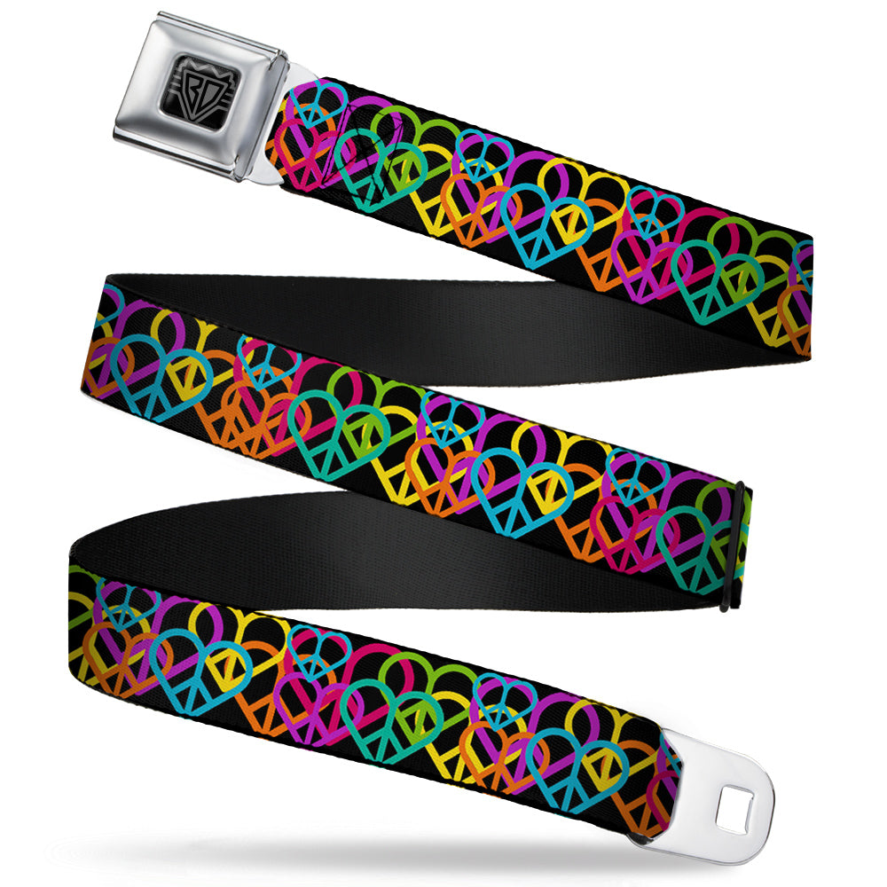 BD Wings Logo CLOSE-UP Full Color Black Silver Seatbelt Belt - Peace Hearts Stacked Black/Neon Webbing Seatbelt Belts Buckle-Down