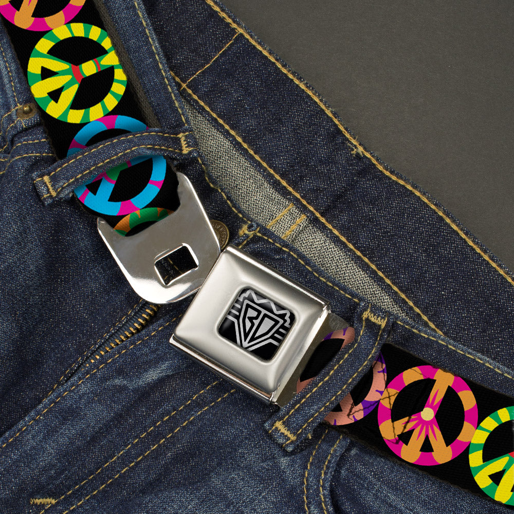 BD Wings Logo CLOSE-UP Full Color Black Silver Seatbelt Belt - Peace Flowers Black/Multi Color Webbing Seatbelt Belts Buckle-Down