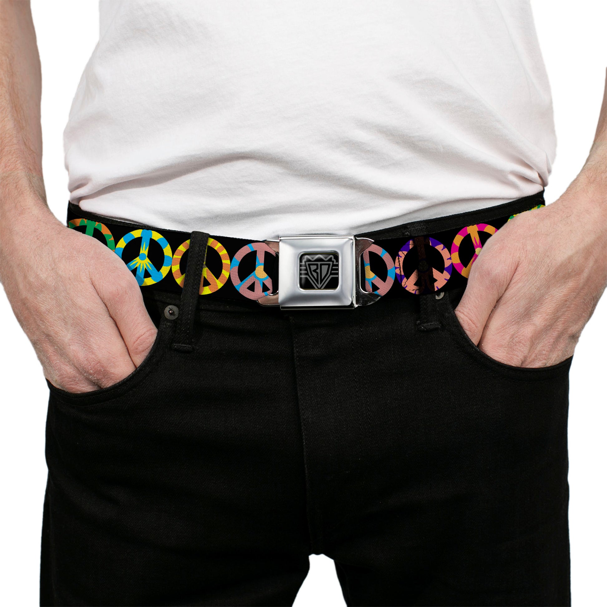 BD Wings Logo CLOSE-UP Full Color Black Silver Seatbelt Belt - Peace Flowers Black/Multi Color Webbing Seatbelt Belts Buckle-Down