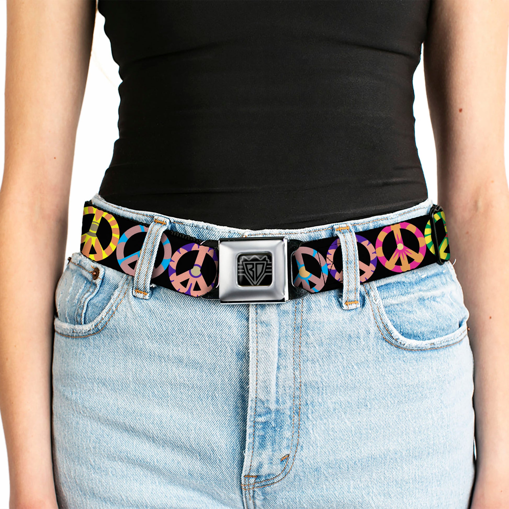 BD Wings Logo CLOSE-UP Full Color Black Silver Seatbelt Belt - Peace Flowers Black/Multi Color Webbing Seatbelt Belts Buckle-Down