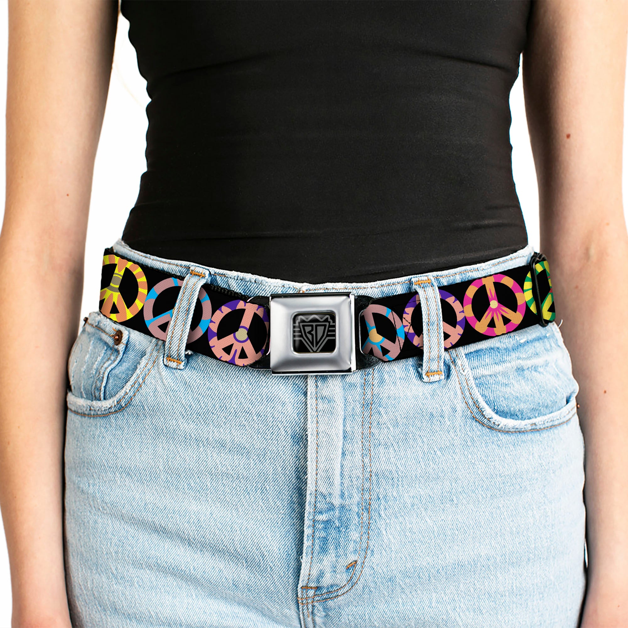 BD Wings Logo CLOSE-UP Full Color Black Silver Seatbelt Belt - Peace Flowers Black/Multi Color Webbing Seatbelt Belts Buckle-Down