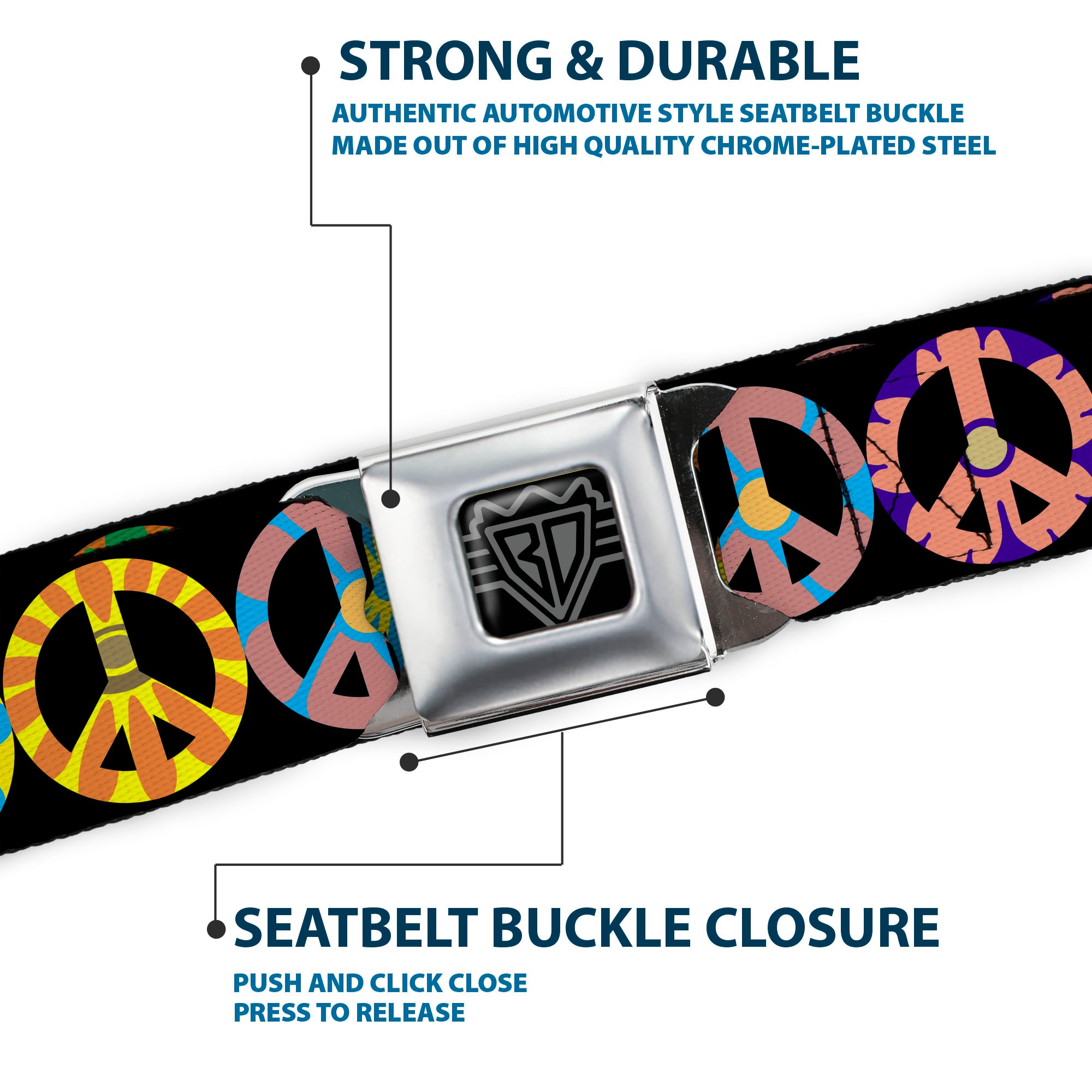 BD Wings Logo CLOSE-UP Full Color Black Silver Seatbelt Belt - Peace Flowers Black/Multi Color Webbing Seatbelt Belts Buckle-Down