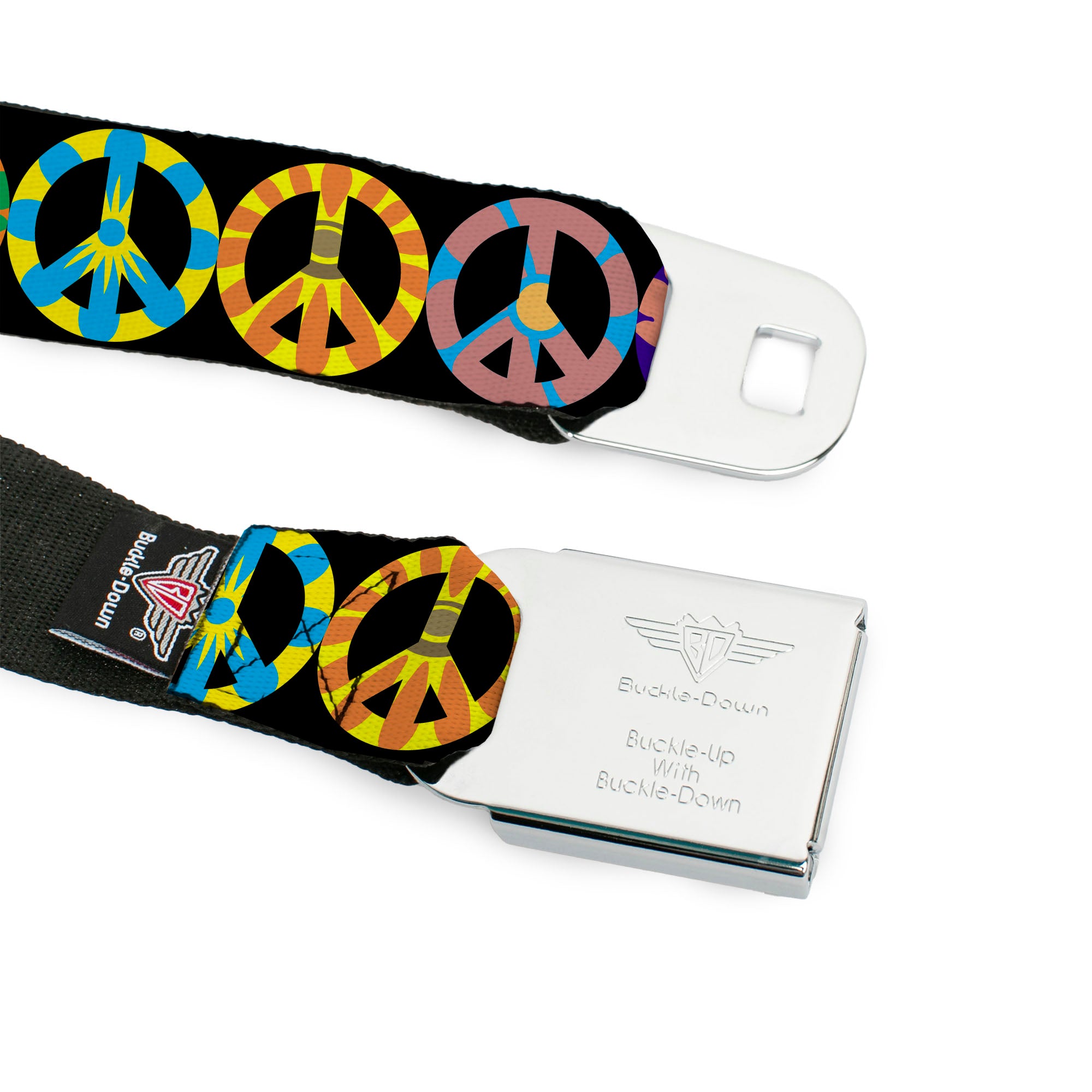 BD Wings Logo CLOSE-UP Full Color Black Silver Seatbelt Belt - Peace Flowers Black/Multi Color Webbing Seatbelt Belts Buckle-Down