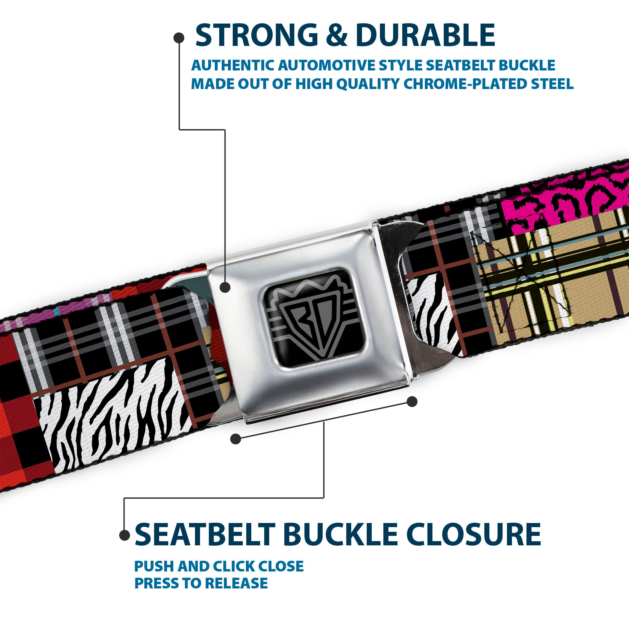 BD Wings Logo CLOSE-UP Full Color Black Silver Seatbelt Belt - Plaid & Animal Skins Webbing Seatbelt Belts Buckle-Down