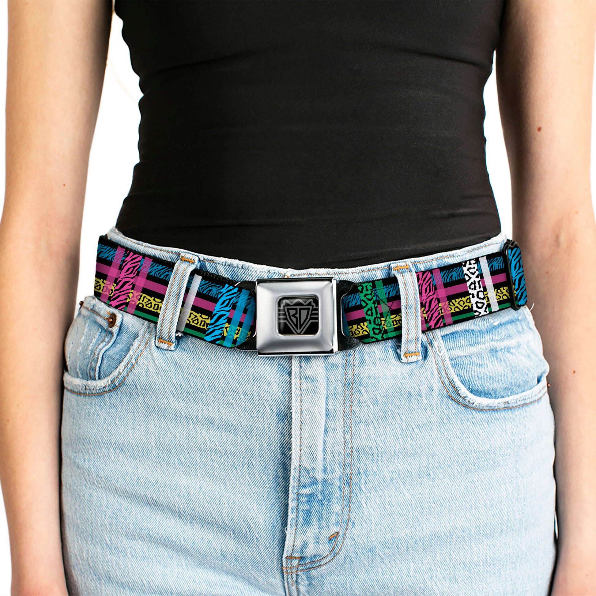BD Wings Logo CLOSE-UP Full Color Black Silver Seatbelt Belt - Plaid Black/Neon Animal Skins Webbing Seatbelt Belts Buckle-Down