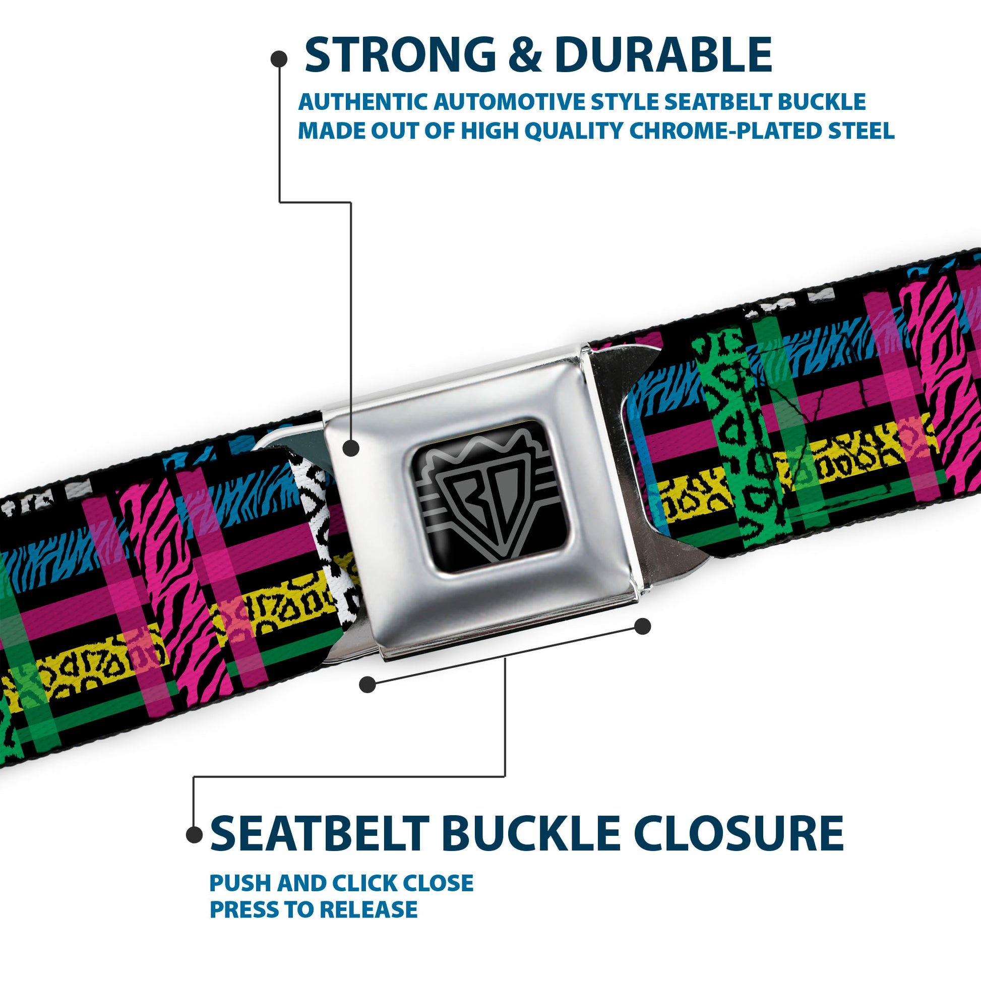 BD Wings Logo CLOSE-UP Full Color Black Silver Seatbelt Belt - Plaid Black/Neon Animal Skins Webbing Seatbelt Belts Buckle-Down