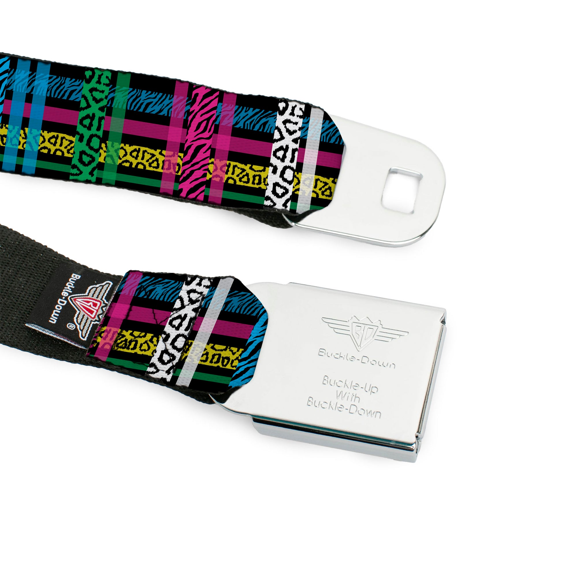 BD Wings Logo CLOSE-UP Full Color Black Silver Seatbelt Belt - Plaid Black/Neon Animal Skins Webbing Seatbelt Belts Buckle-Down