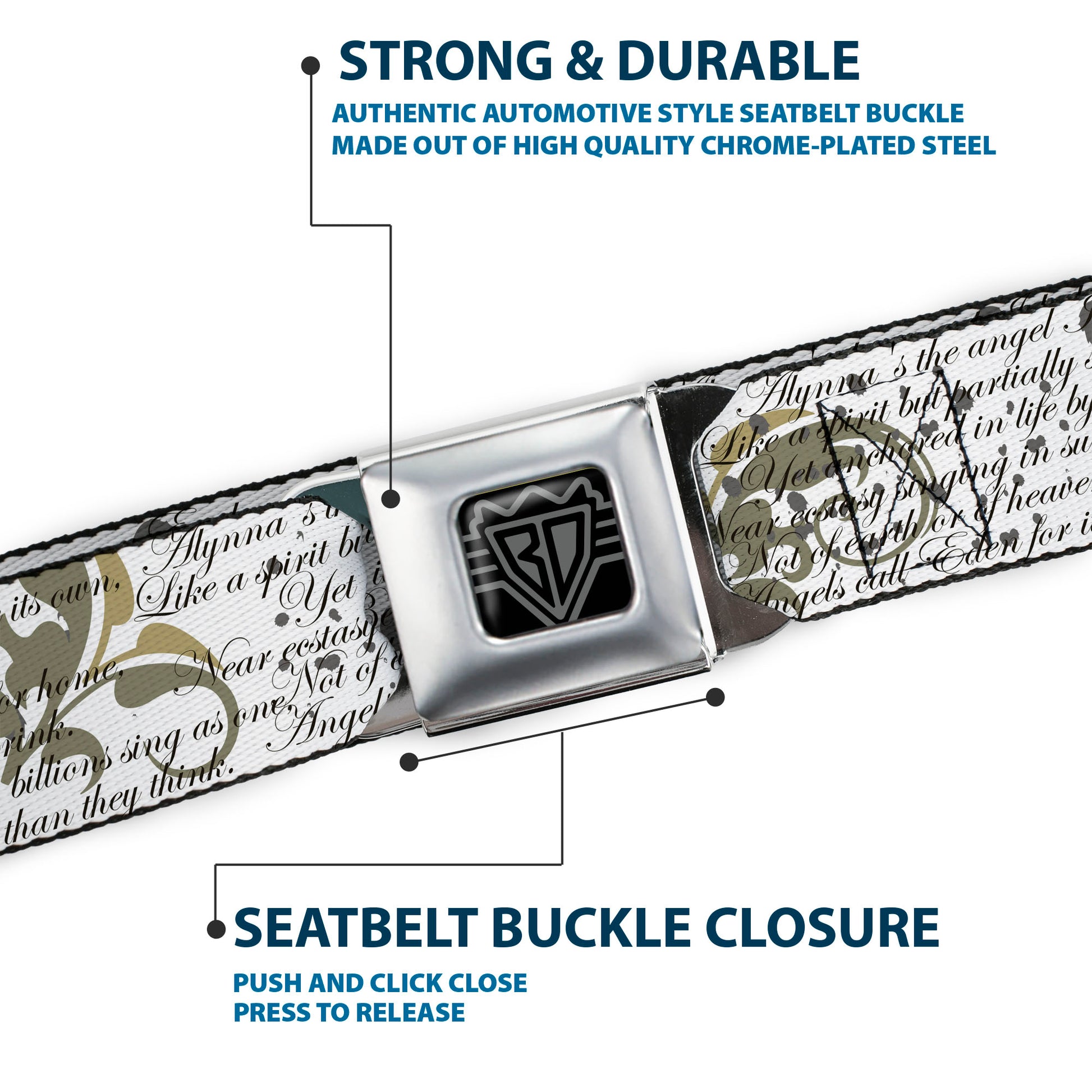 BD Wings Logo CLOSE-UP Full Color Black Silver Seatbelt Belt - Poems Webbing Seatbelt Belts Buckle-Down