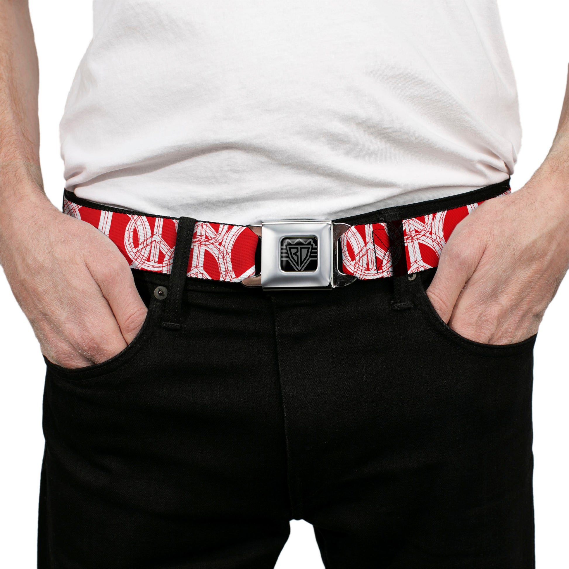 BD Wings Logo CLOSE-UP Full Color Black Silver Seatbelt Belt - Peace Sketch Red/White Webbing Seatbelt Belts Buckle-Down