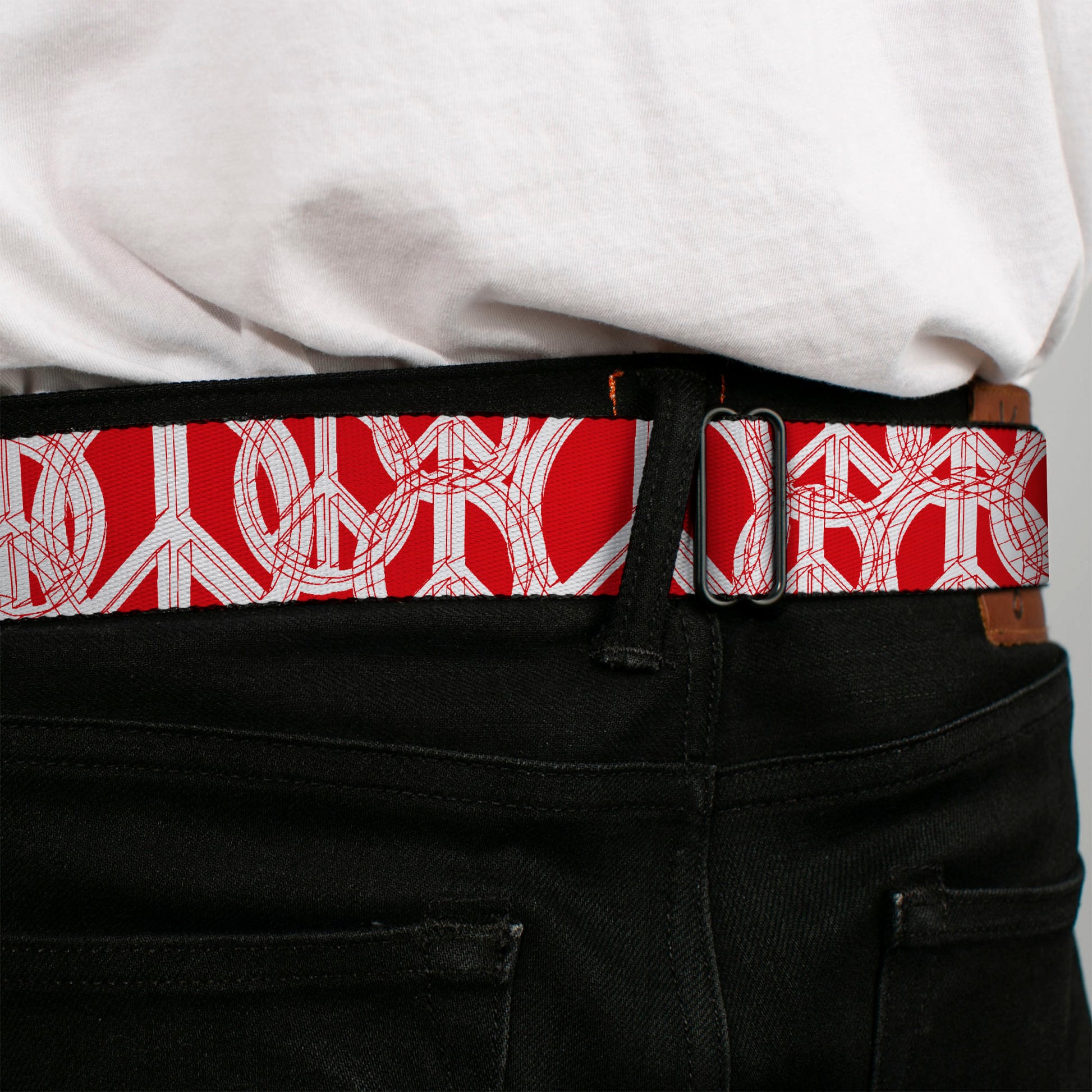 BD Wings Logo CLOSE-UP Full Color Black Silver Seatbelt Belt - Peace Sketch Red/White Webbing Seatbelt Belts Buckle-Down