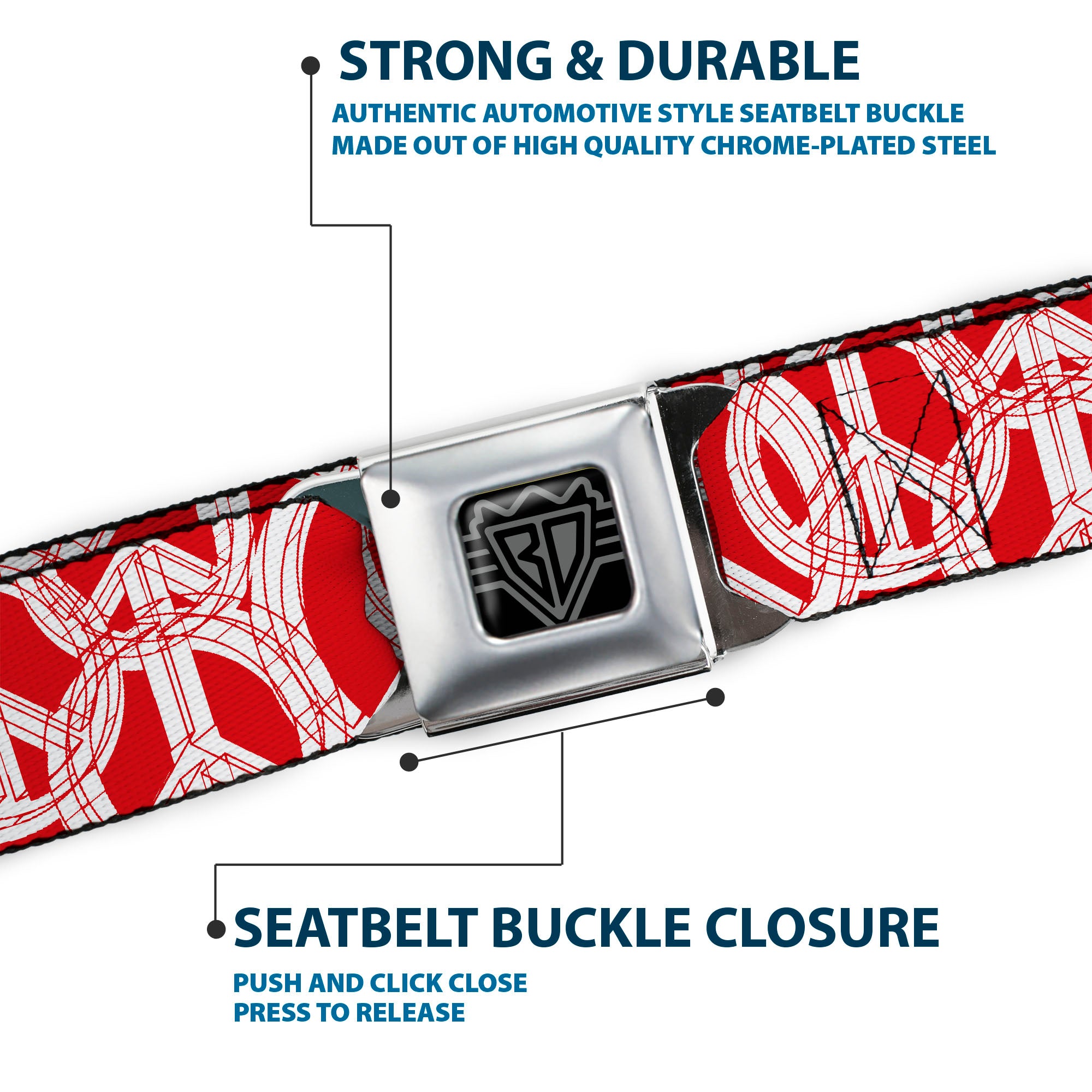 BD Wings Logo CLOSE-UP Full Color Black Silver Seatbelt Belt - Peace Sketch Red/White Webbing Seatbelt Belts Buckle-Down