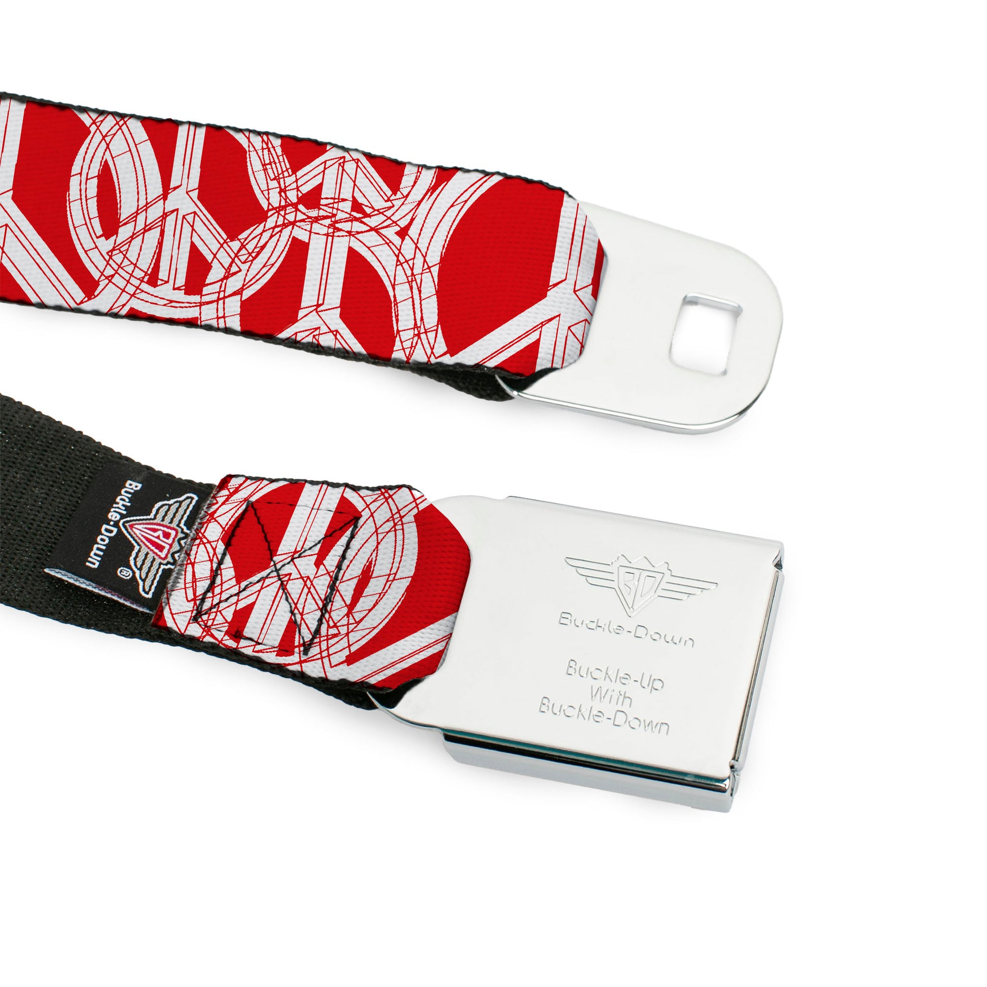 BD Wings Logo CLOSE-UP Full Color Black Silver Seatbelt Belt - Peace Sketch Red/White Webbing Seatbelt Belts Buckle-Down