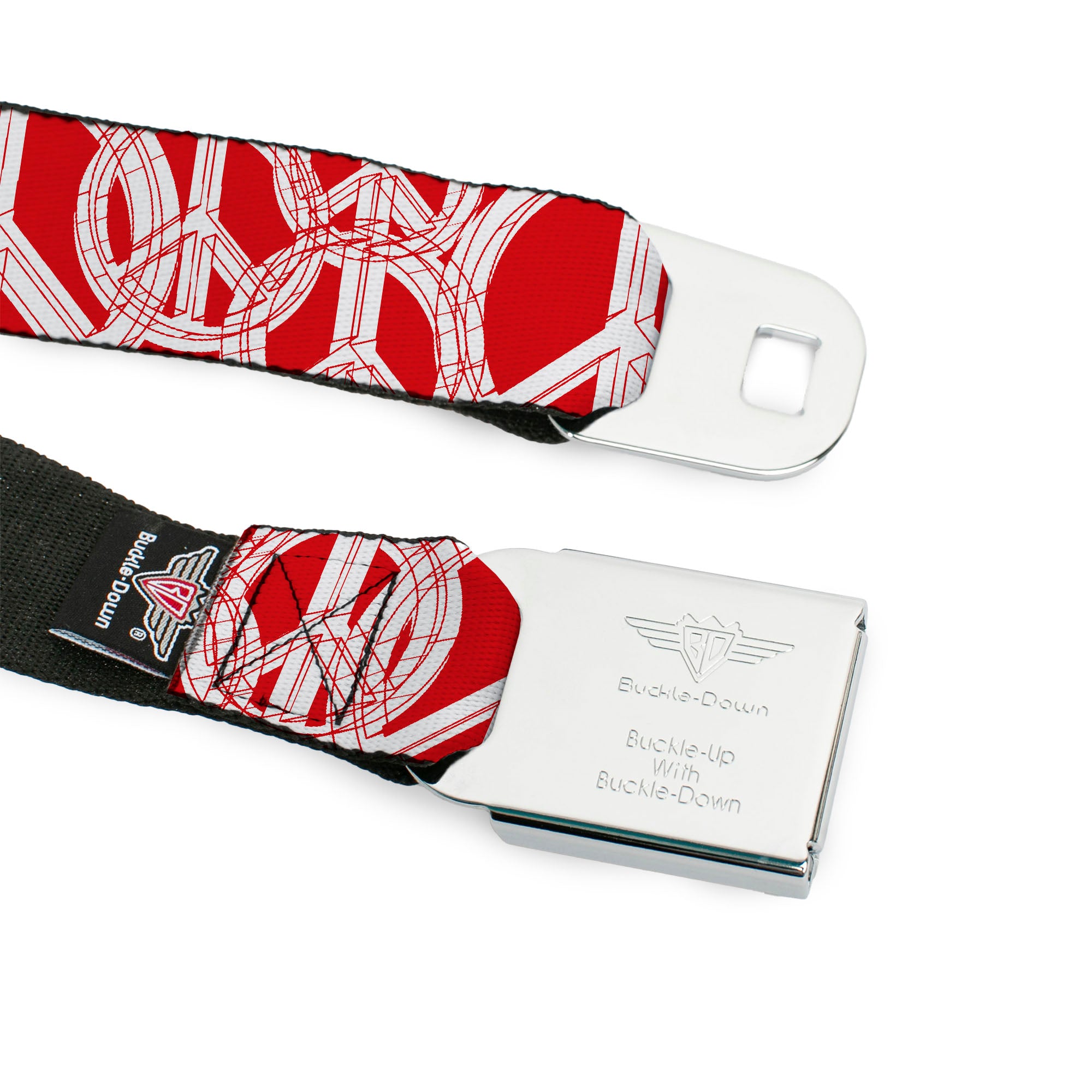 BD Wings Logo CLOSE-UP Full Color Black Silver Seatbelt Belt - Peace Sketch Red/White Webbing Seatbelt Belts Buckle-Down