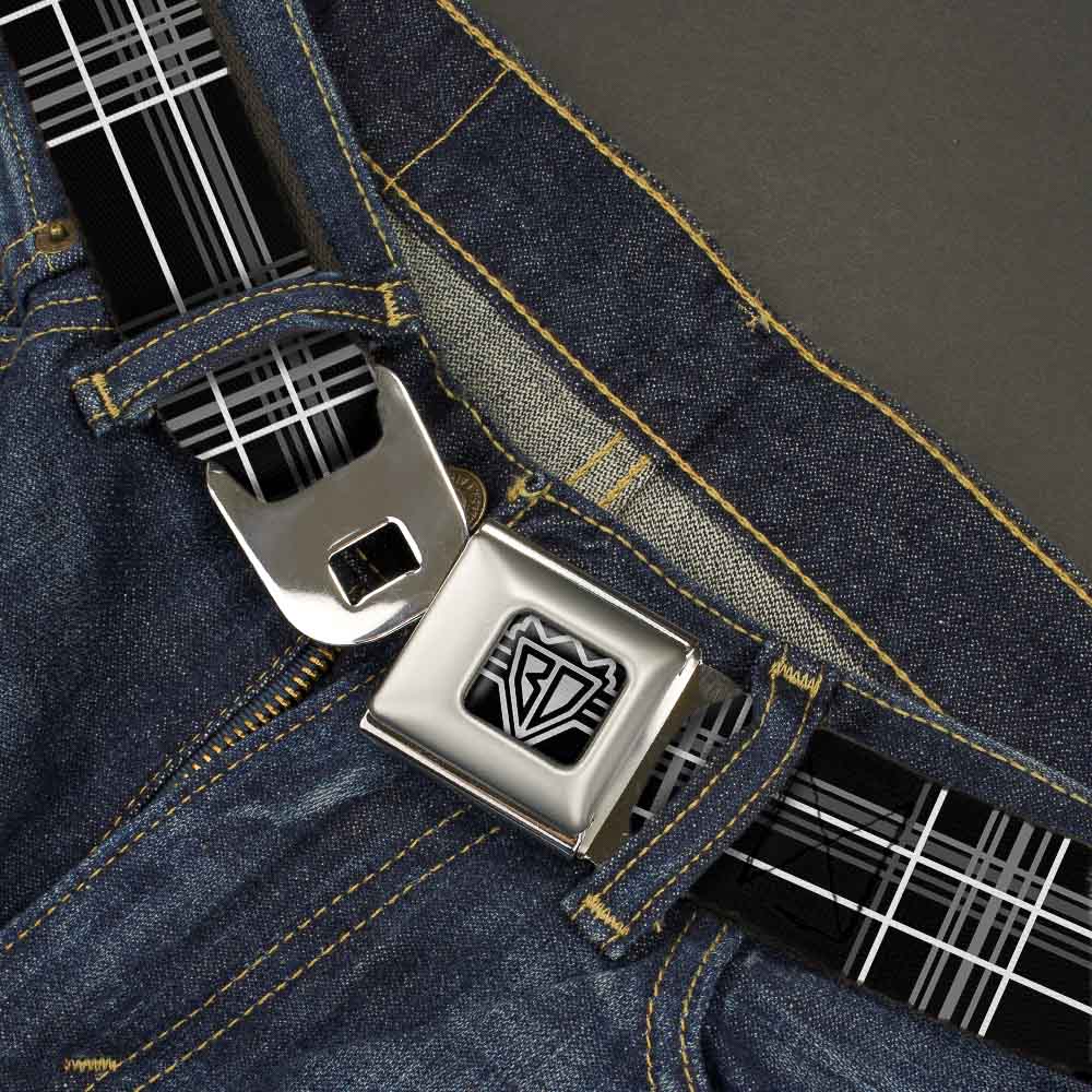 BD Wings Logo CLOSE-UP Full Color Black Silver Seatbelt Belt - Plaid Black/Gray Webbing Seatbelt Belts Buckle-Down