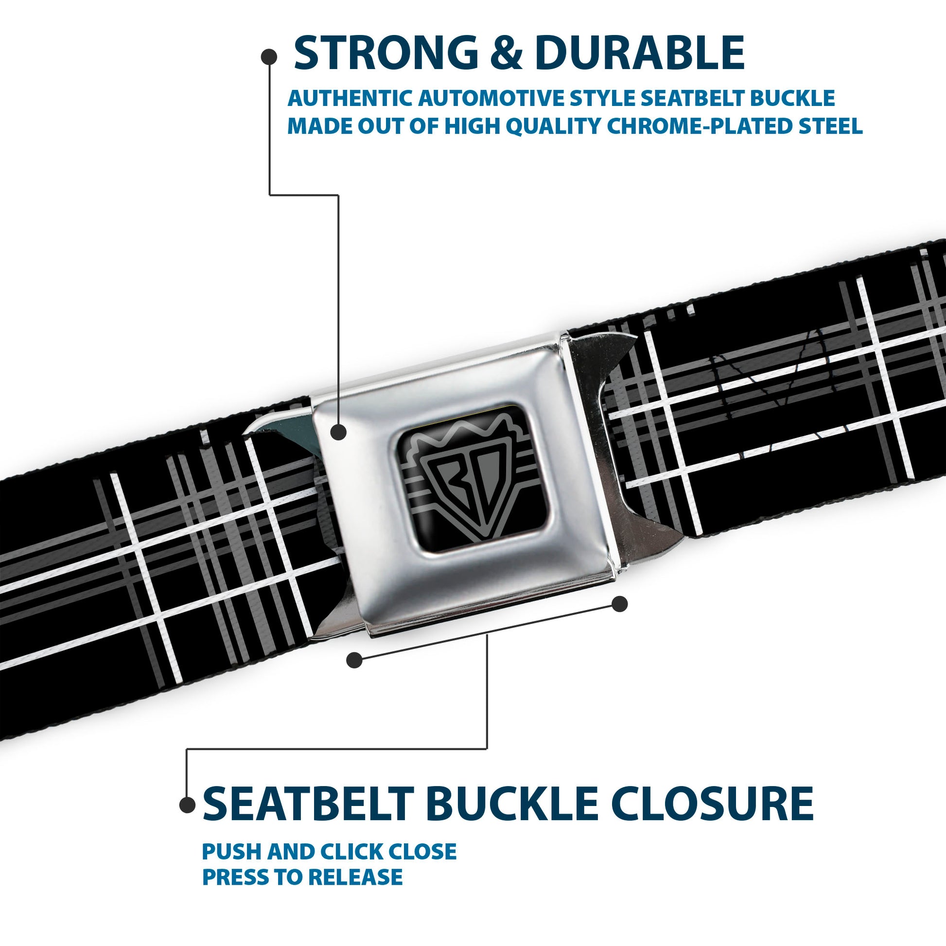 BD Wings Logo CLOSE-UP Full Color Black Silver Seatbelt Belt - Plaid Black/Gray Webbing Seatbelt Belts Buckle-Down