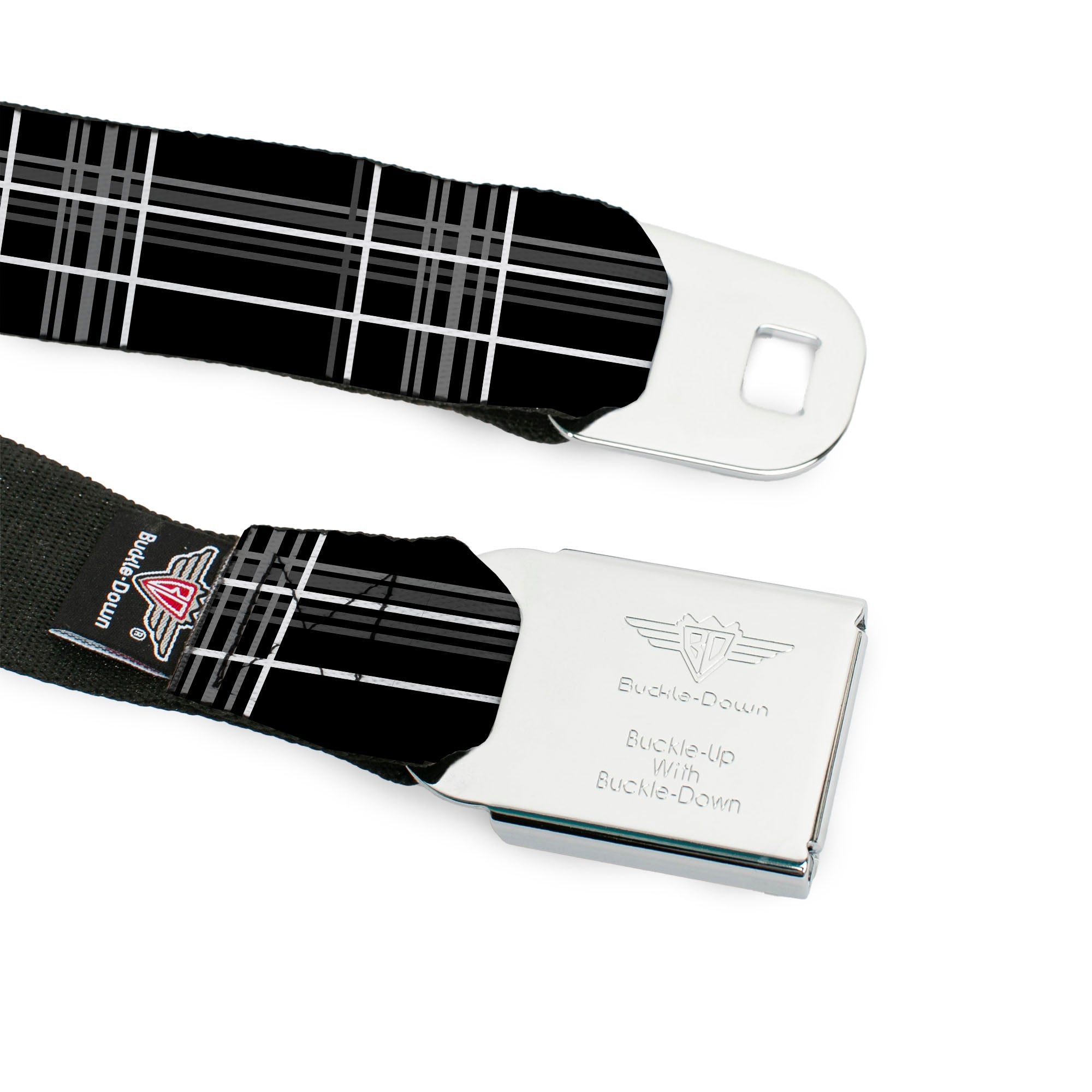 BD Wings Logo CLOSE-UP Full Color Black Silver Seatbelt Belt - Plaid Black/Gray Webbing Seatbelt Belts Buckle-Down