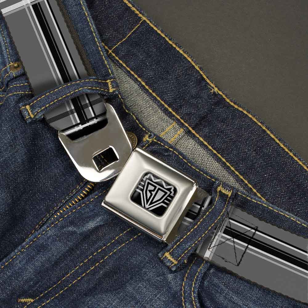 BD Wings Logo CLOSE-UP Full Color Black Silver Seatbelt Belt - Plaid Gray/Black/White Webbing Seatbelt Belts Buckle-Down