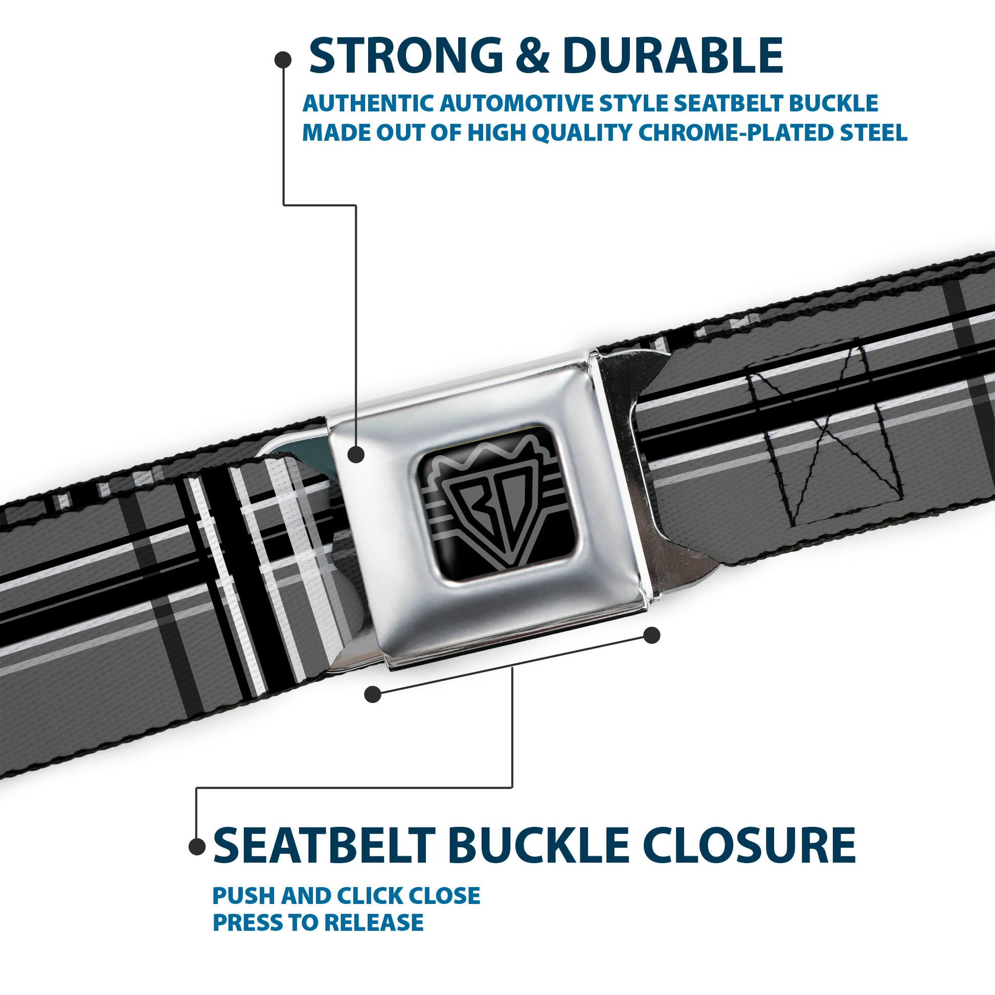 BD Wings Logo CLOSE-UP Full Color Black Silver Seatbelt Belt - Plaid Gray/Black/White Webbing Seatbelt Belts Buckle-Down