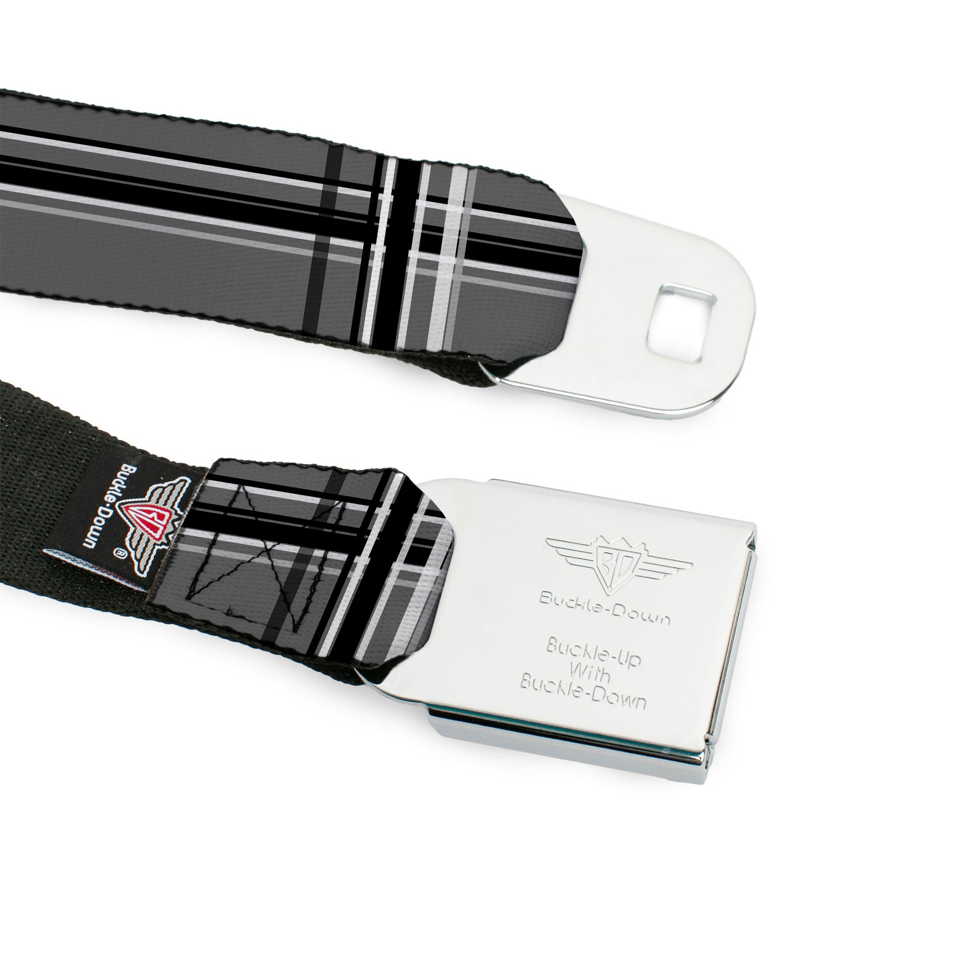 BD Wings Logo CLOSE-UP Full Color Black Silver Seatbelt Belt - Plaid Gray/Black/White Webbing Seatbelt Belts Buckle-Down