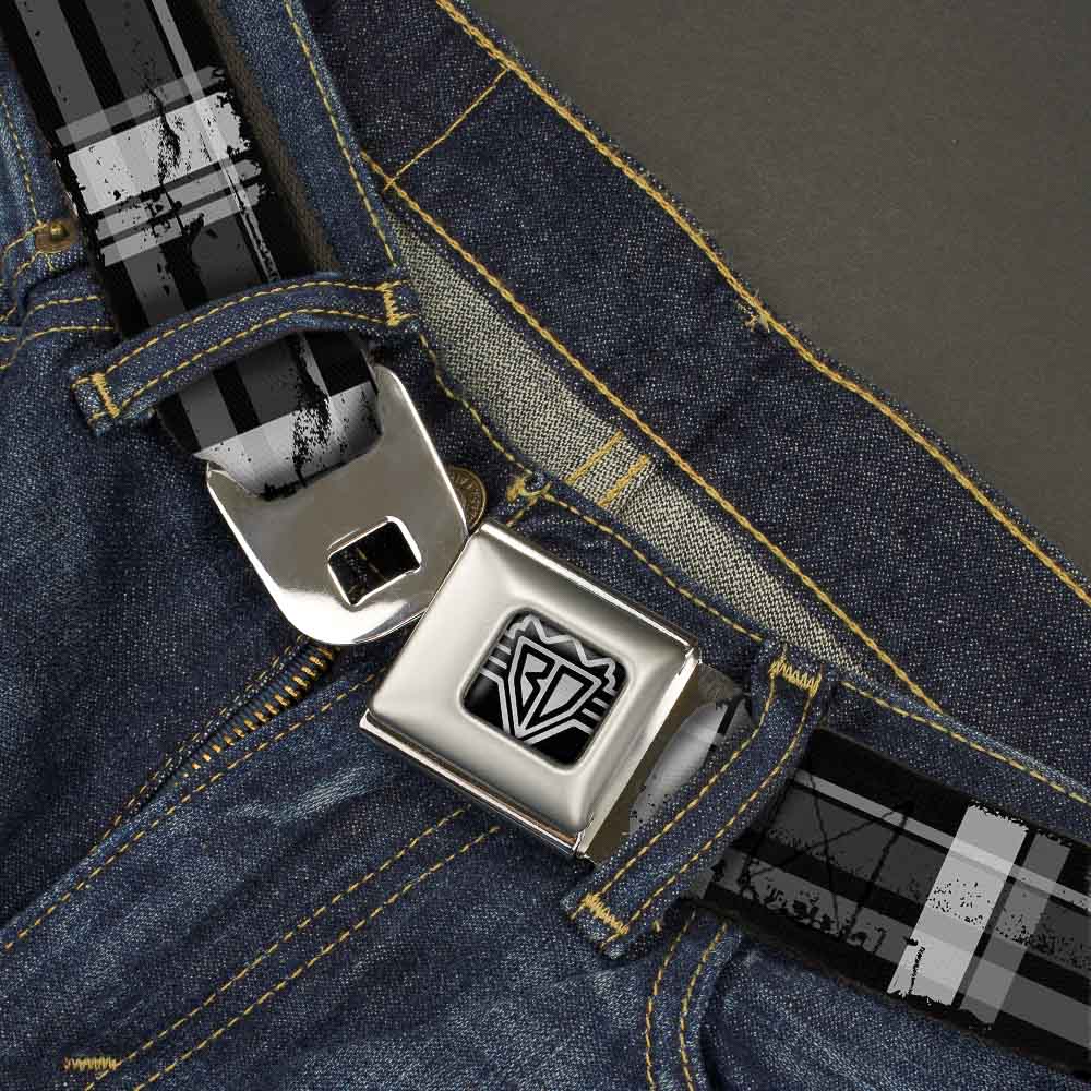 BD Wings Logo CLOSE-UP Full Color Black Silver Seatbelt Belt - Plaid Weathered Black/Gray/White Webbing Seatbelt Belts Buckle-Down