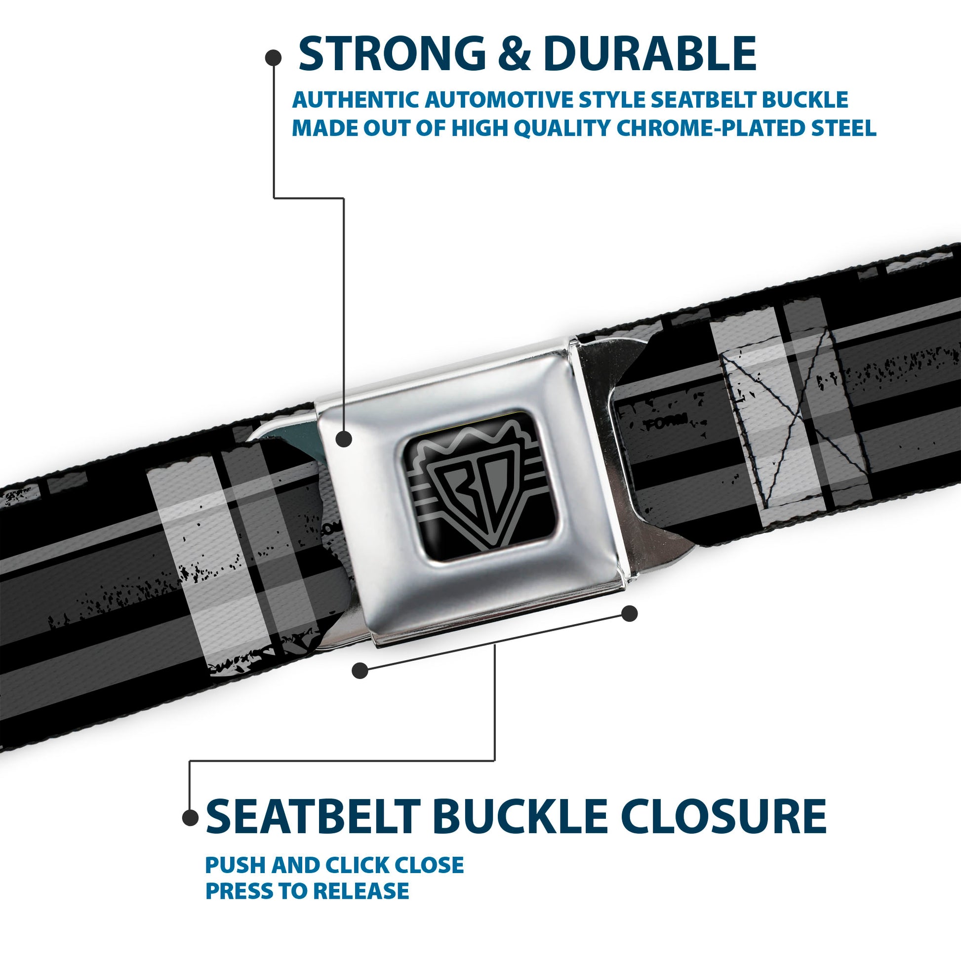BD Wings Logo CLOSE-UP Full Color Black Silver Seatbelt Belt - Plaid Weathered Black/Gray/White Webbing Seatbelt Belts Buckle-Down