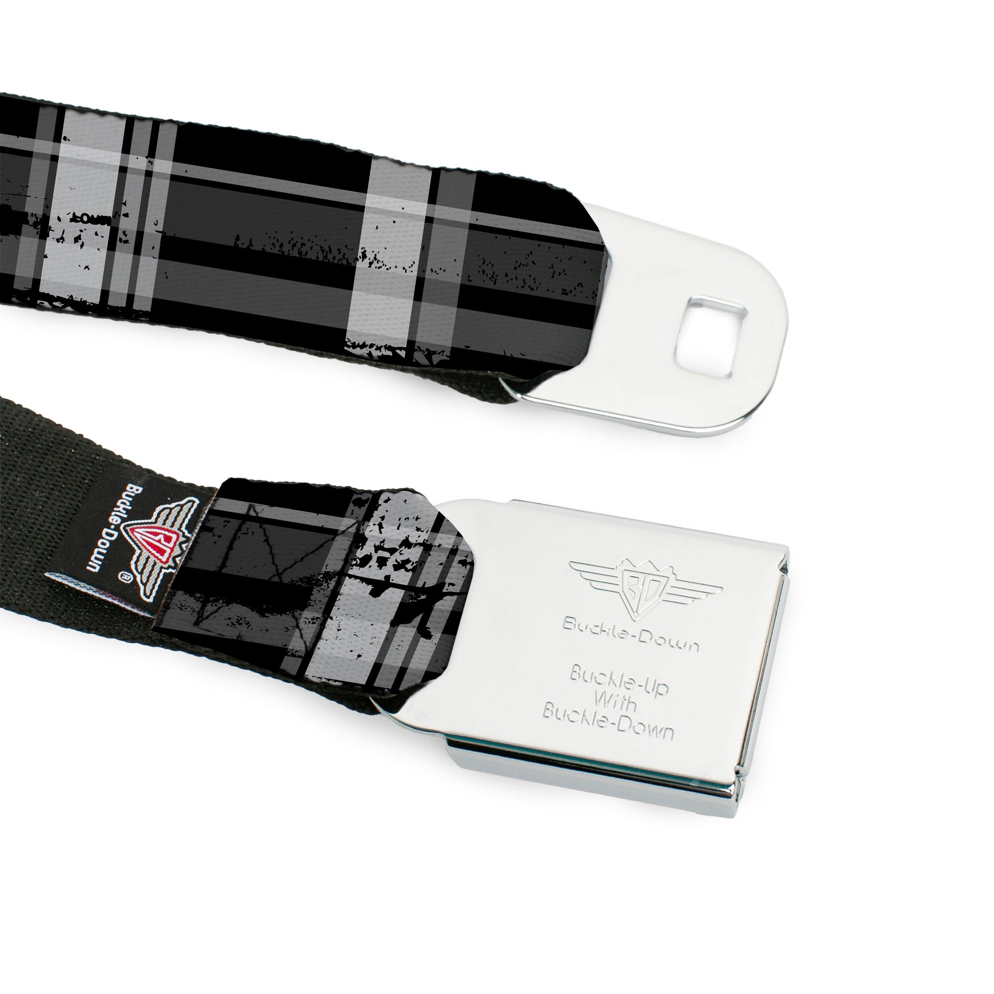 BD Wings Logo CLOSE-UP Full Color Black Silver Seatbelt Belt - Plaid Weathered Black/Gray/White Webbing Seatbelt Belts Buckle-Down